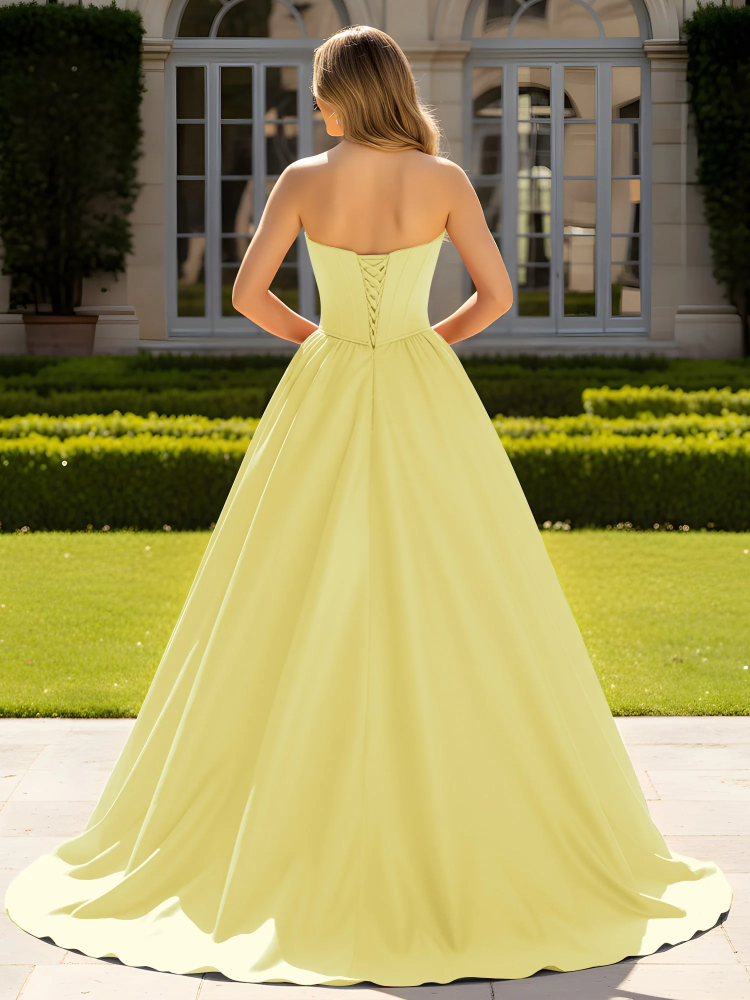 Strapless Satin Ball Gown with Crystal Bustier Detail Daffodil - Image 2