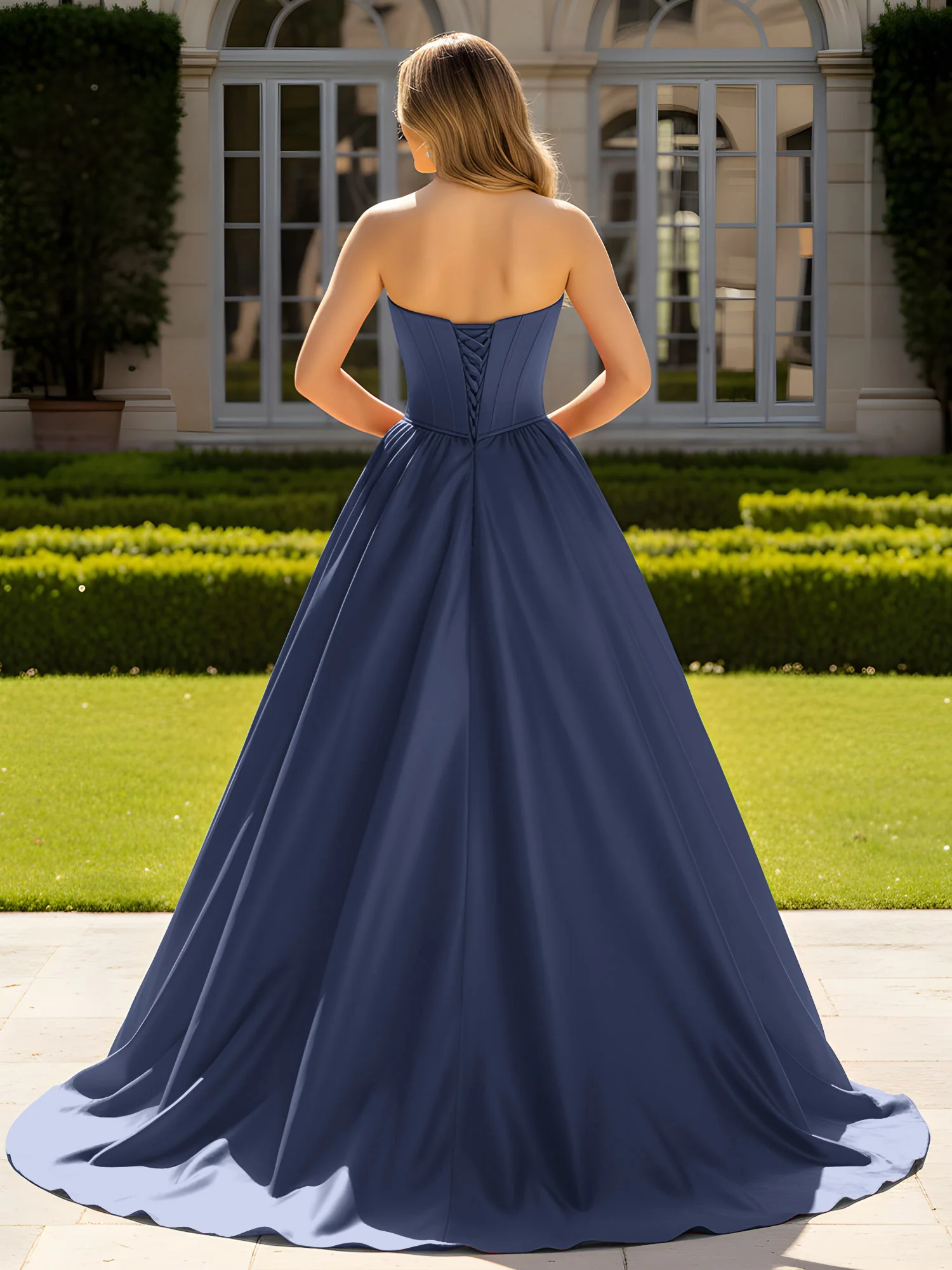 Strapless Satin Ball Gown with Crystal Bustier Detail Dark Navy - Image 2