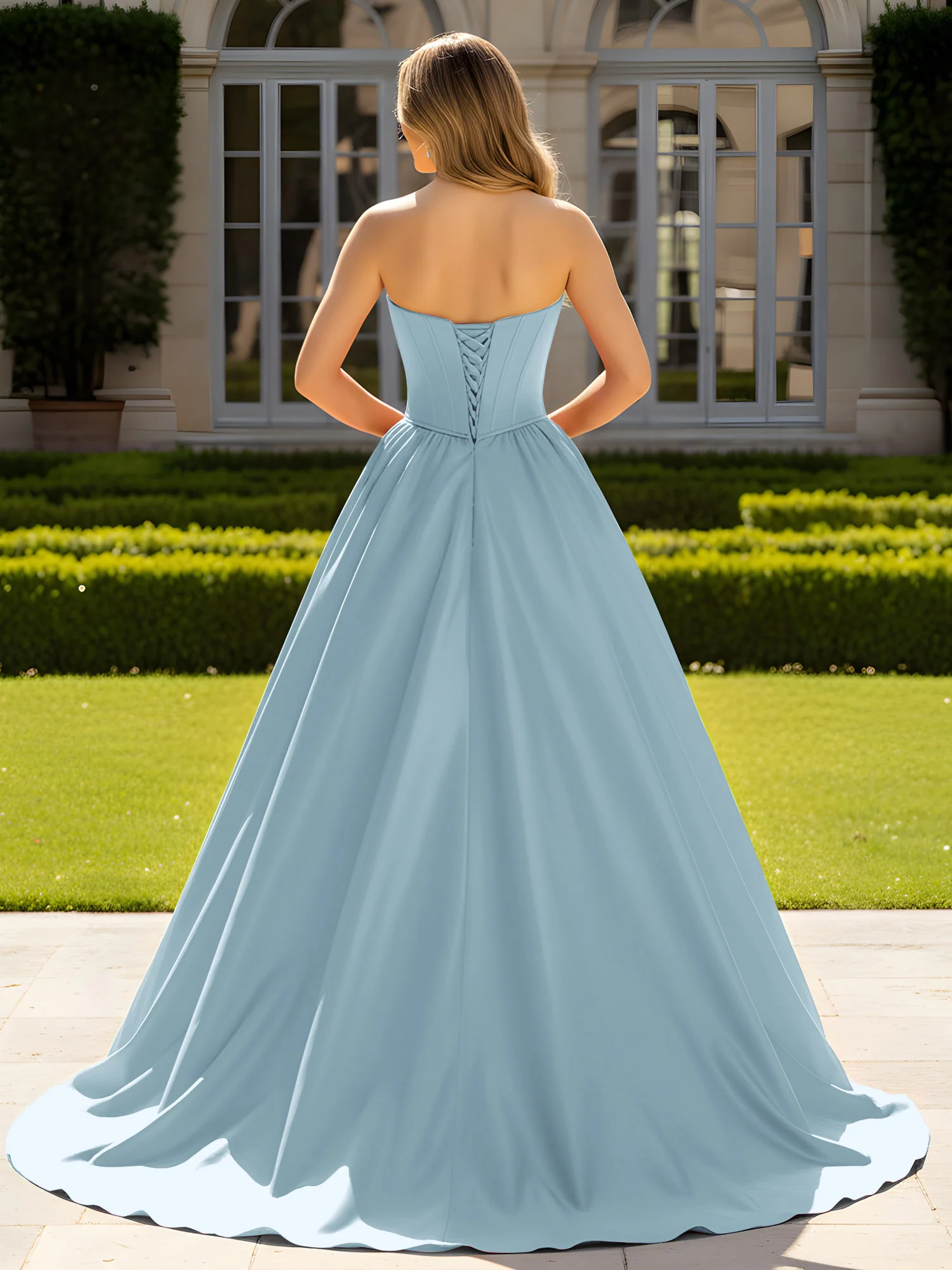 Strapless Satin Ball Gown with Crystal Bustier Detail Dusty Blue - Image 2
