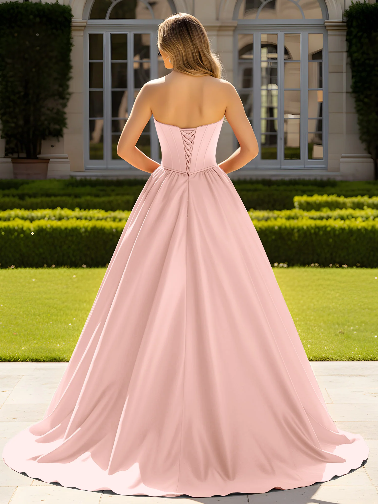 Strapless Satin Ball Gown with Crystal Bustier Detail Dusty Rose - Image 2