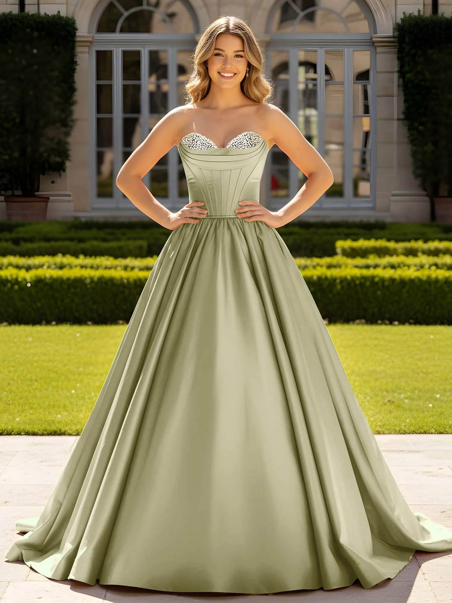 Strapless Satin Ball Gown with Crystal Bustier Detail Dusty Sage