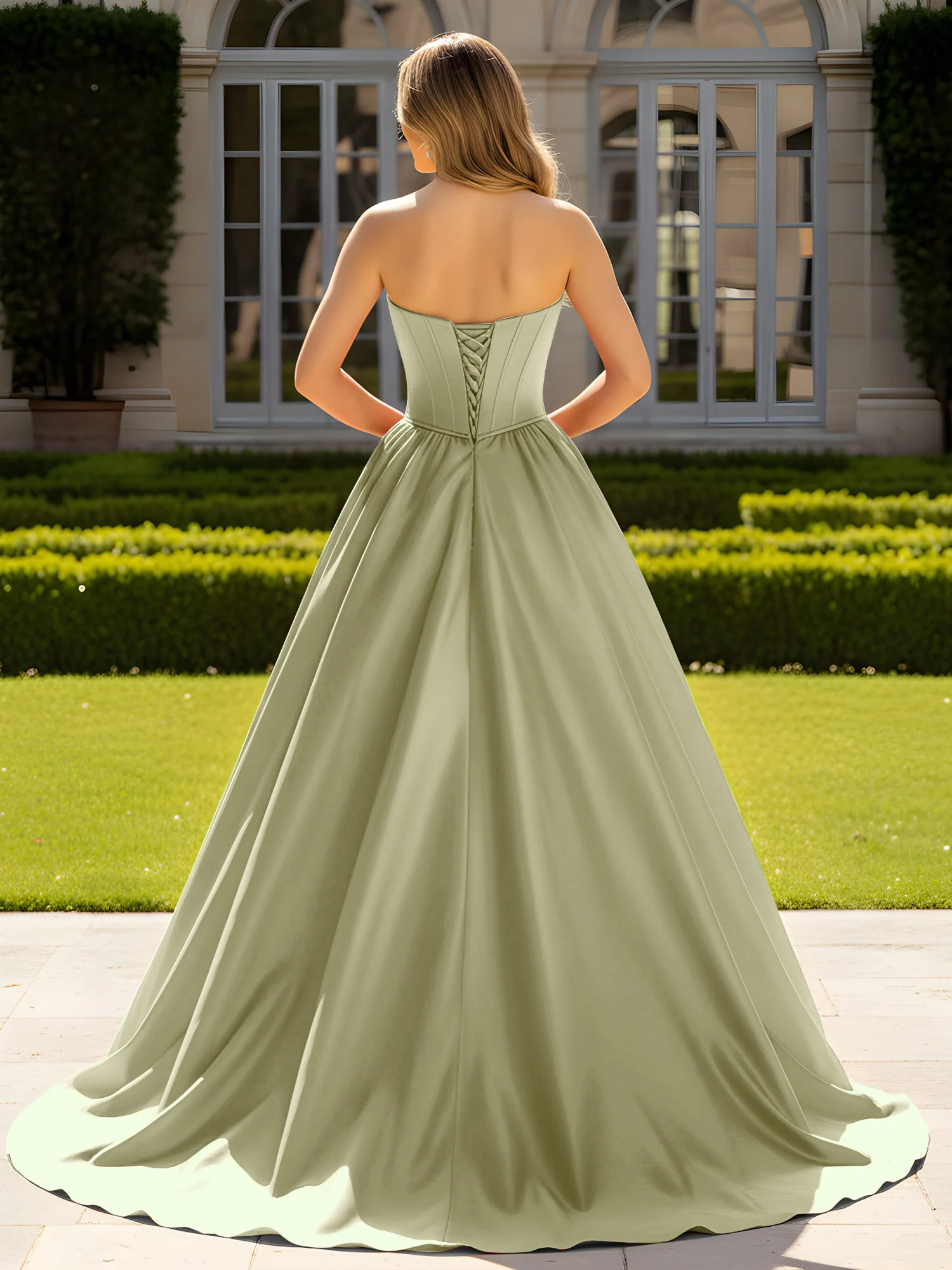 Strapless Satin Ball Gown with Crystal Bustier Detail Dusty Sage - Image 2