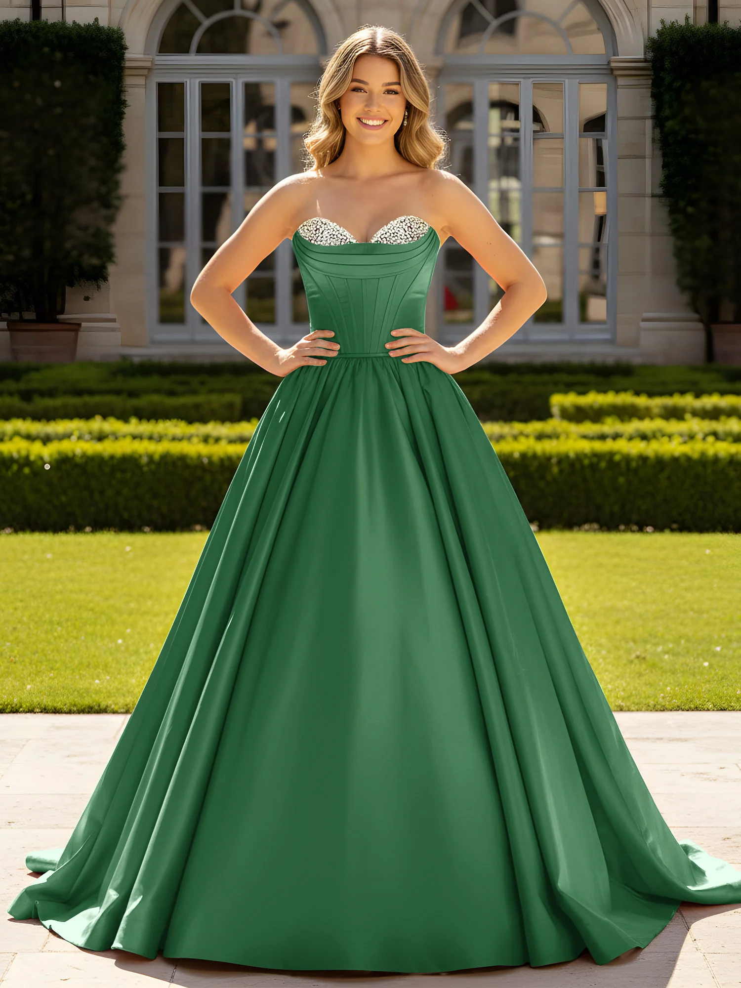 Strapless Satin Ball Gown with Crystal Bustier Detail Emerald