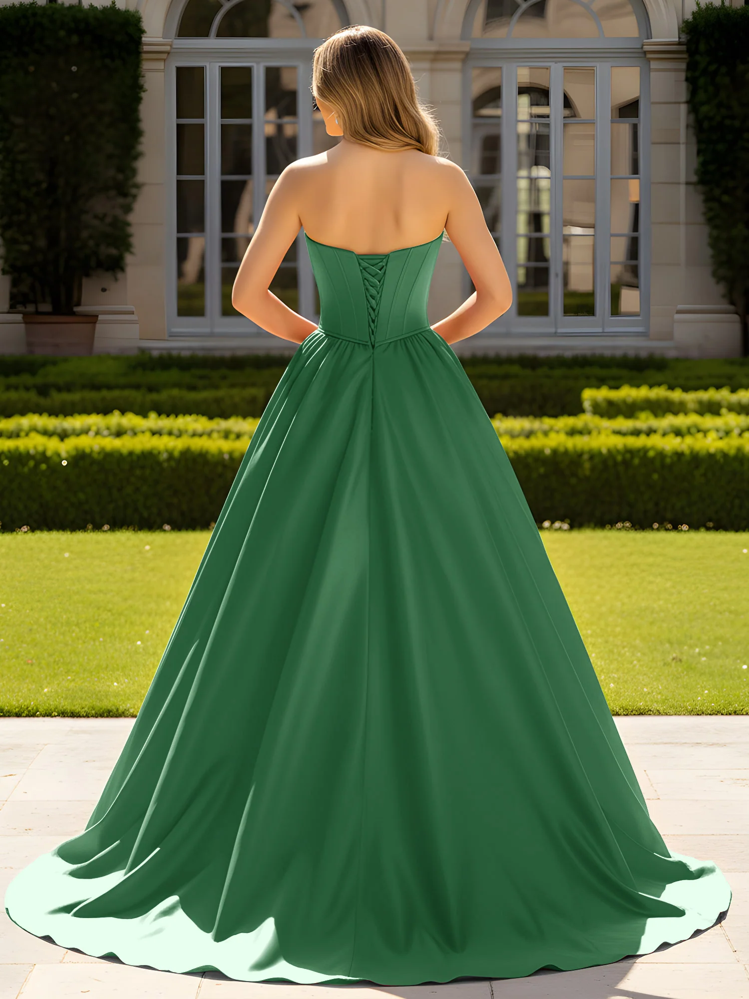 Strapless Satin Ball Gown with Crystal Bustier Detail Emerald - Image 2