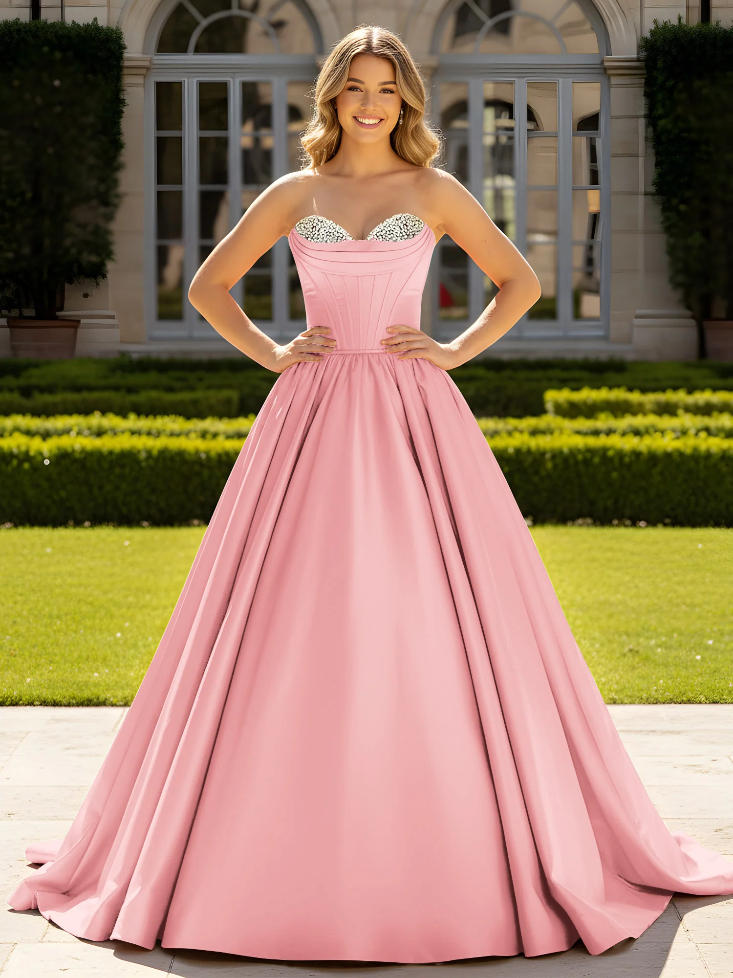 Strapless Satin Ball Gown with Crystal Bustier Detail Flamingo