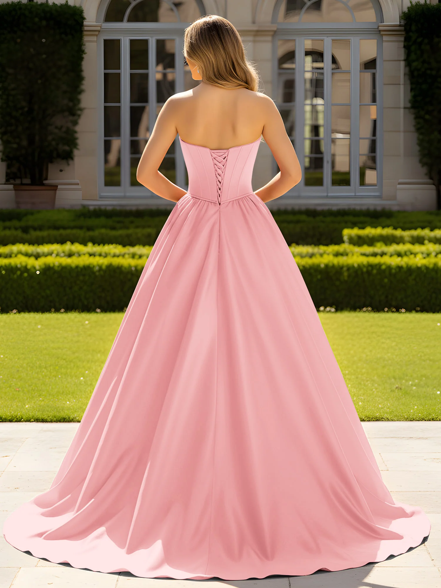 Strapless Satin Ball Gown with Crystal Bustier Detail Flamingo - Image 2
