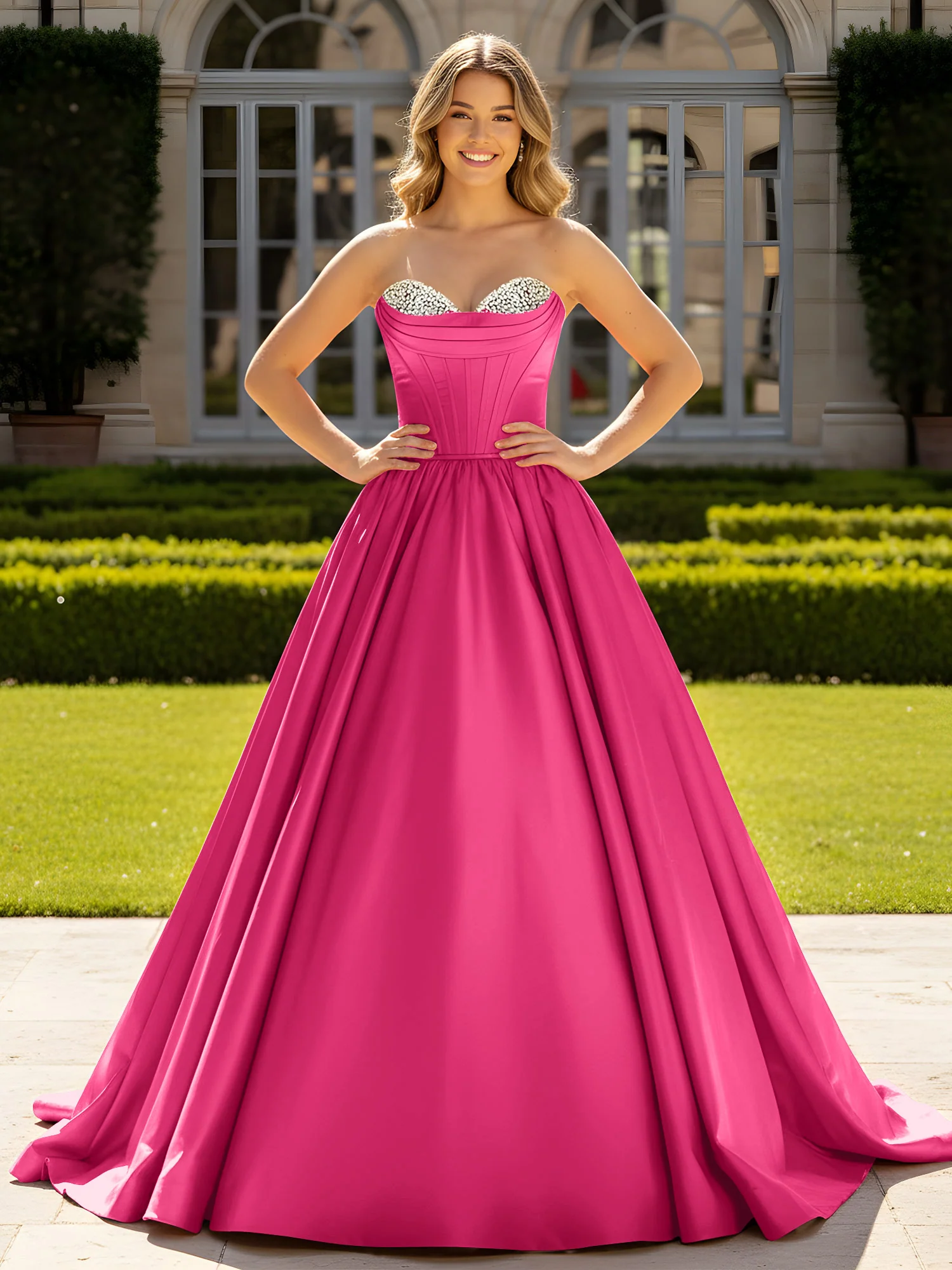 Strapless Satin Ball Gown with Crystal Bustier Detail Fuchsia