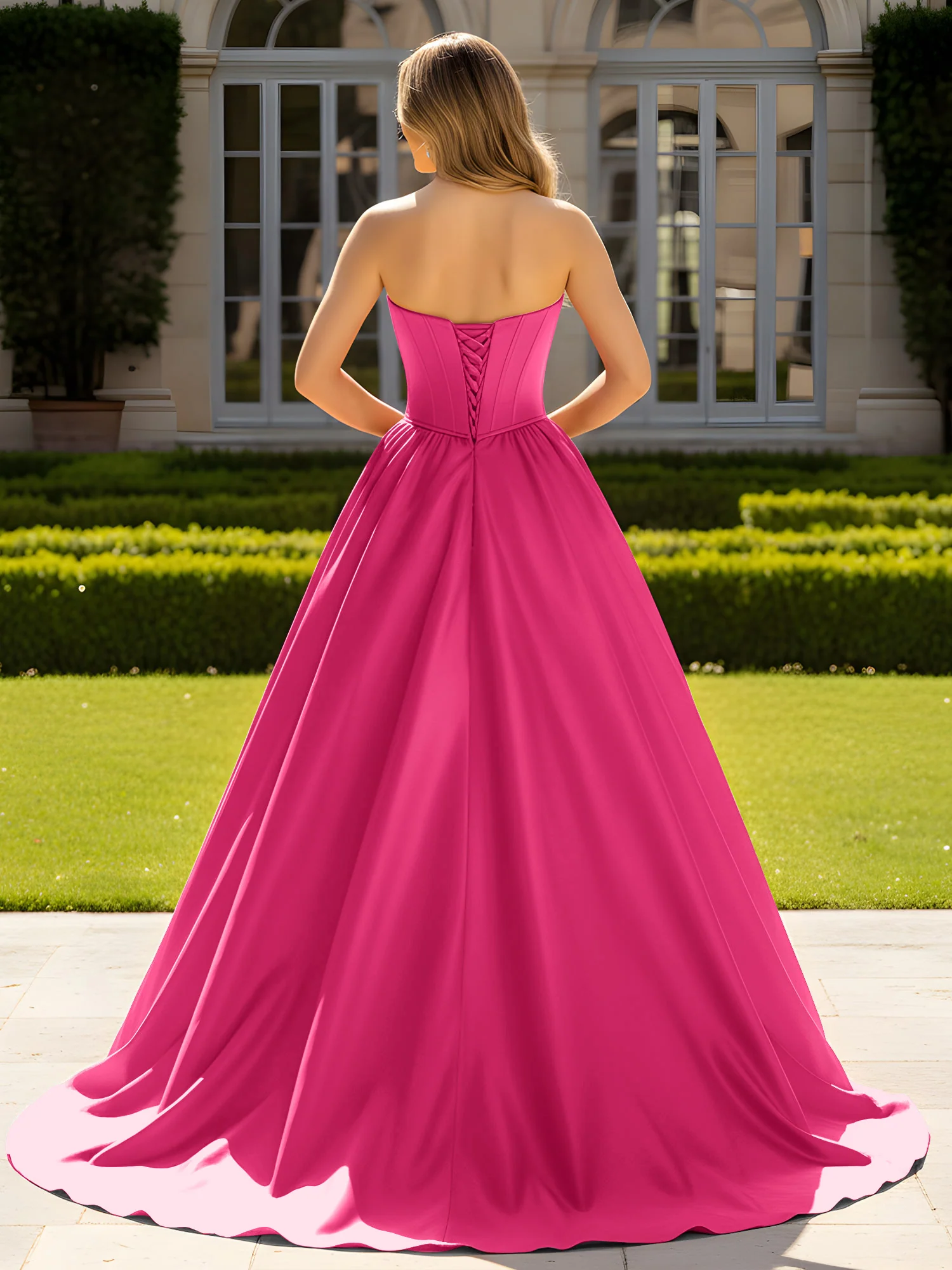 Strapless Satin Ball Gown with Crystal Bustier Detail Fuchsia - Image 2