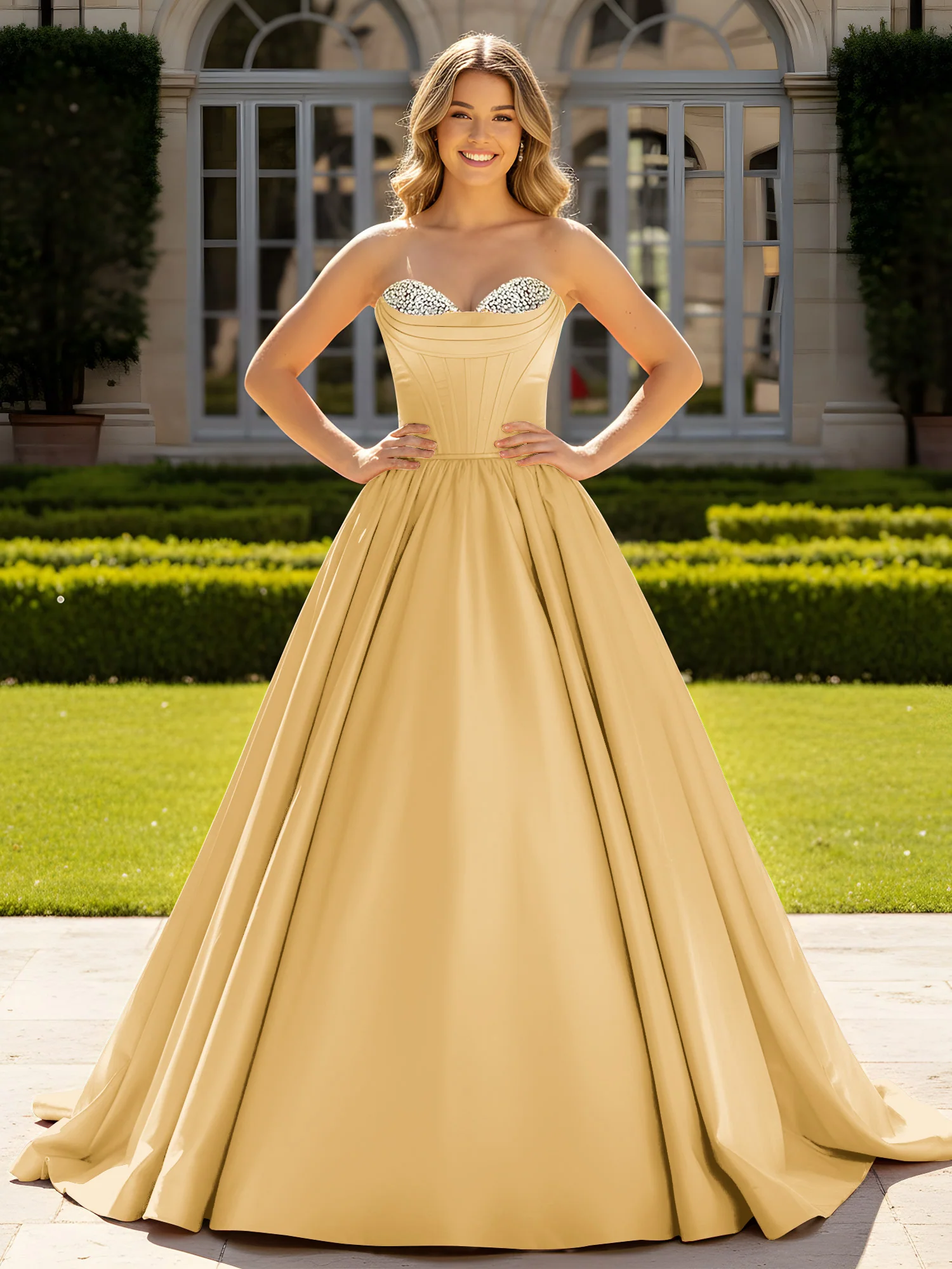 Strapless Satin Ball Gown with Crystal Bustier Detail Gold