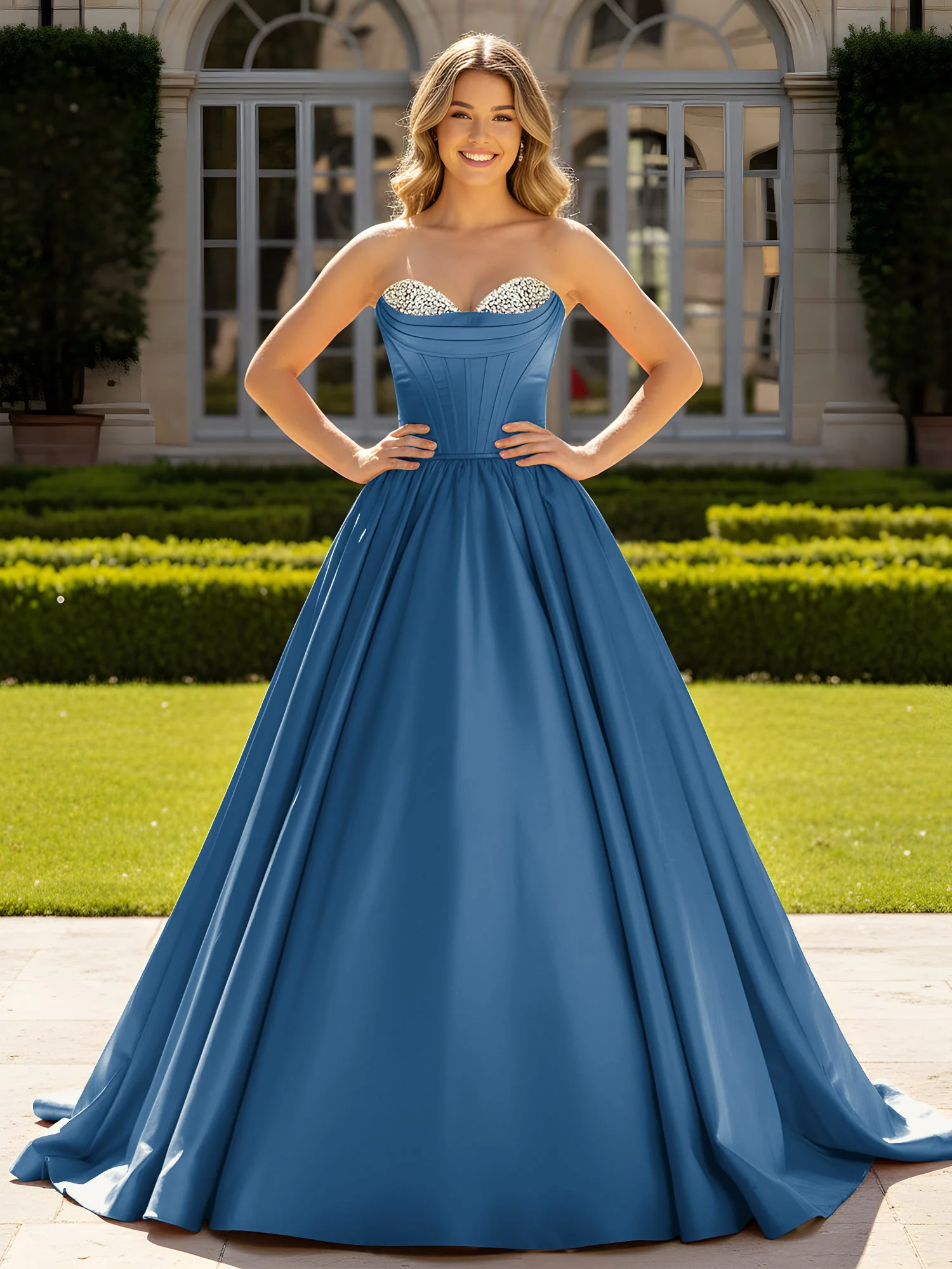 Strapless Satin Ball Gown with Crystal Bustier Detail Ink Blue
