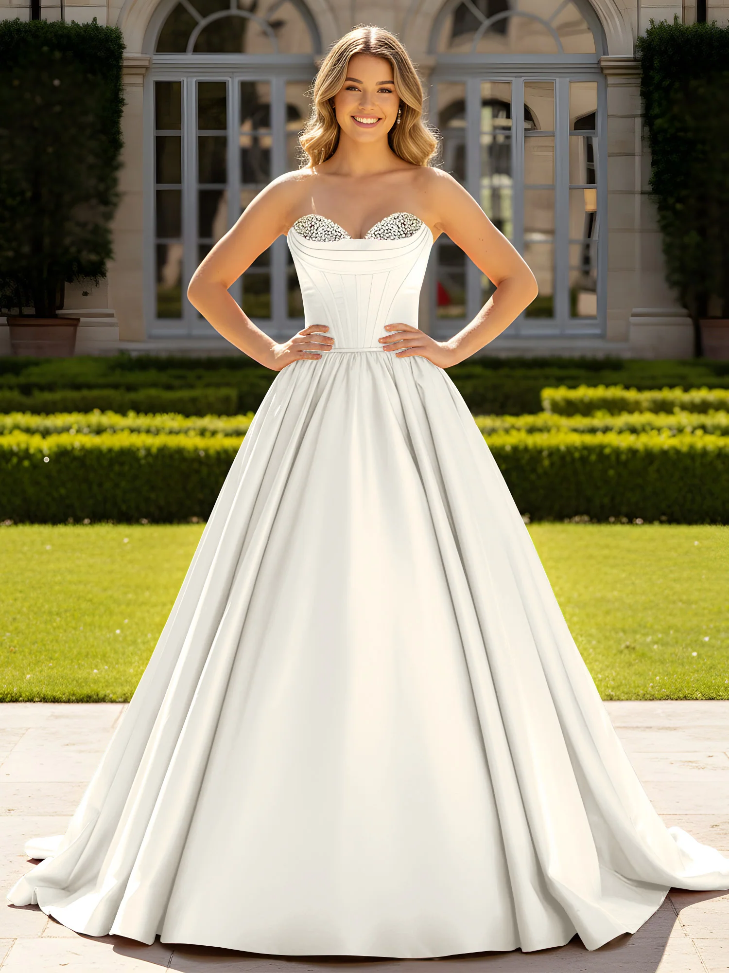 Strapless Satin Ball Gown with Crystal Bustier Detail Ivory