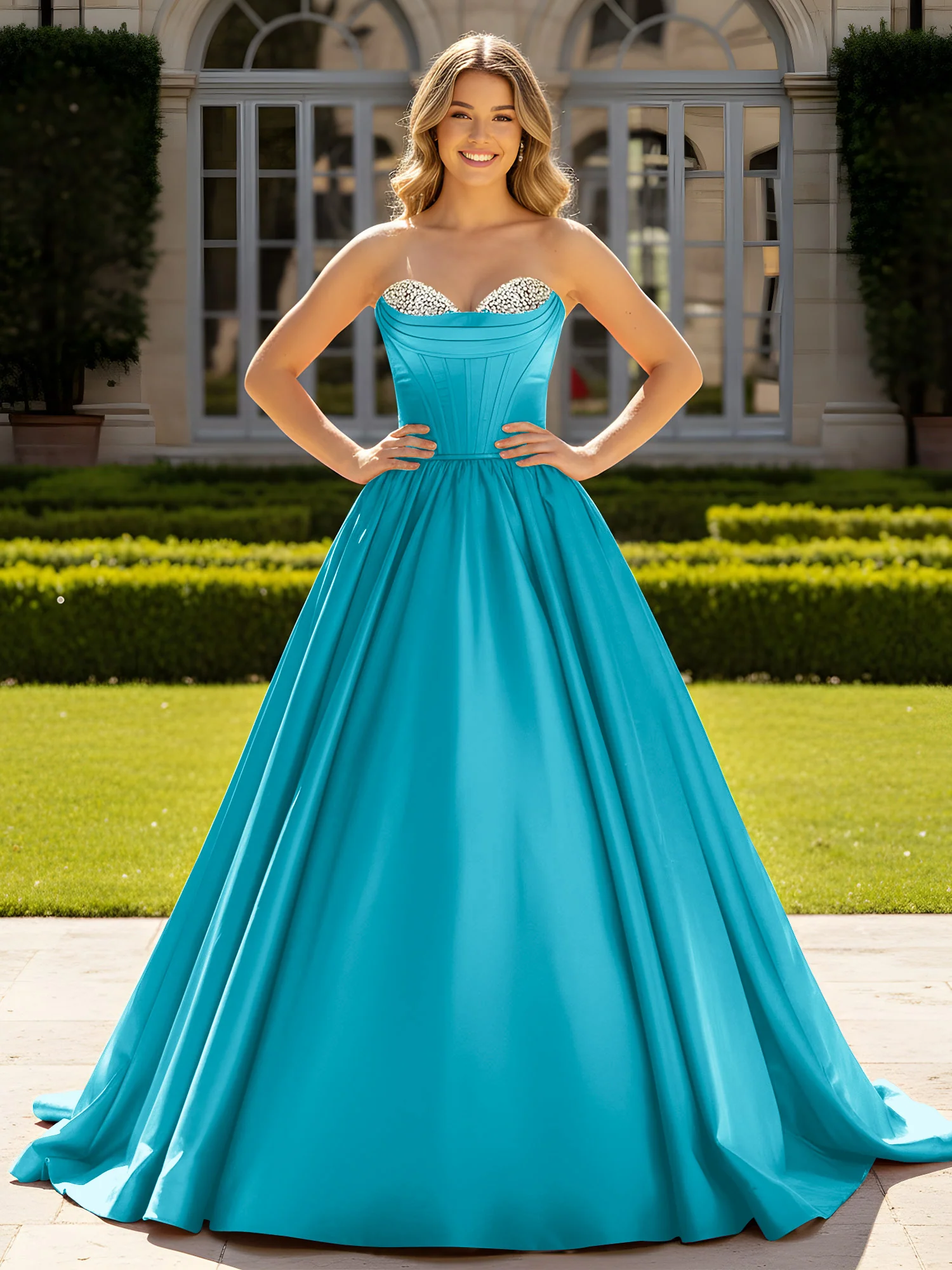 Strapless Satin Ball Gown with Crystal Bustier Detail Jade