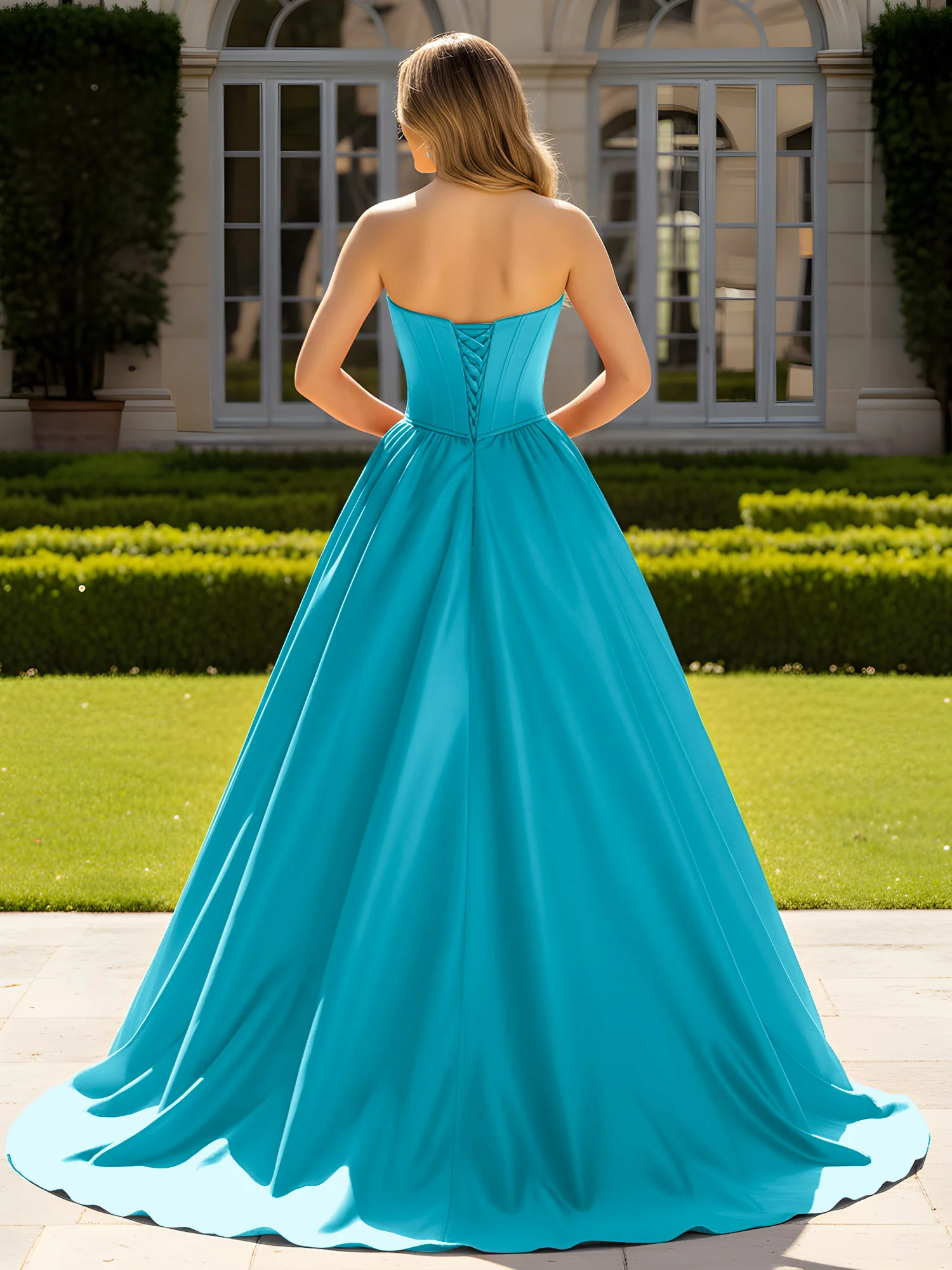 Strapless Satin Ball Gown with Crystal Bustier Detail Jade - Image 2
