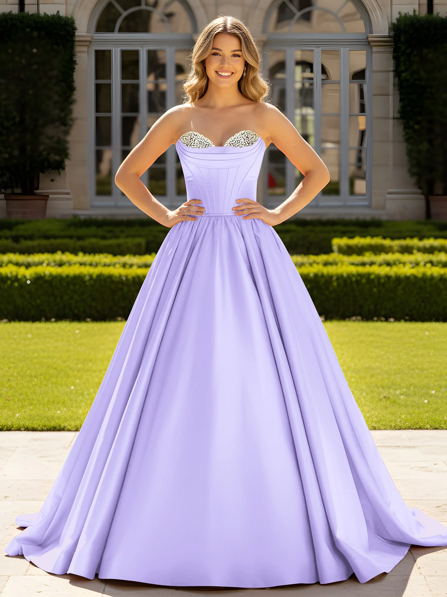Strapless Satin Ball Gown with Crystal Bustier Detail Lilac