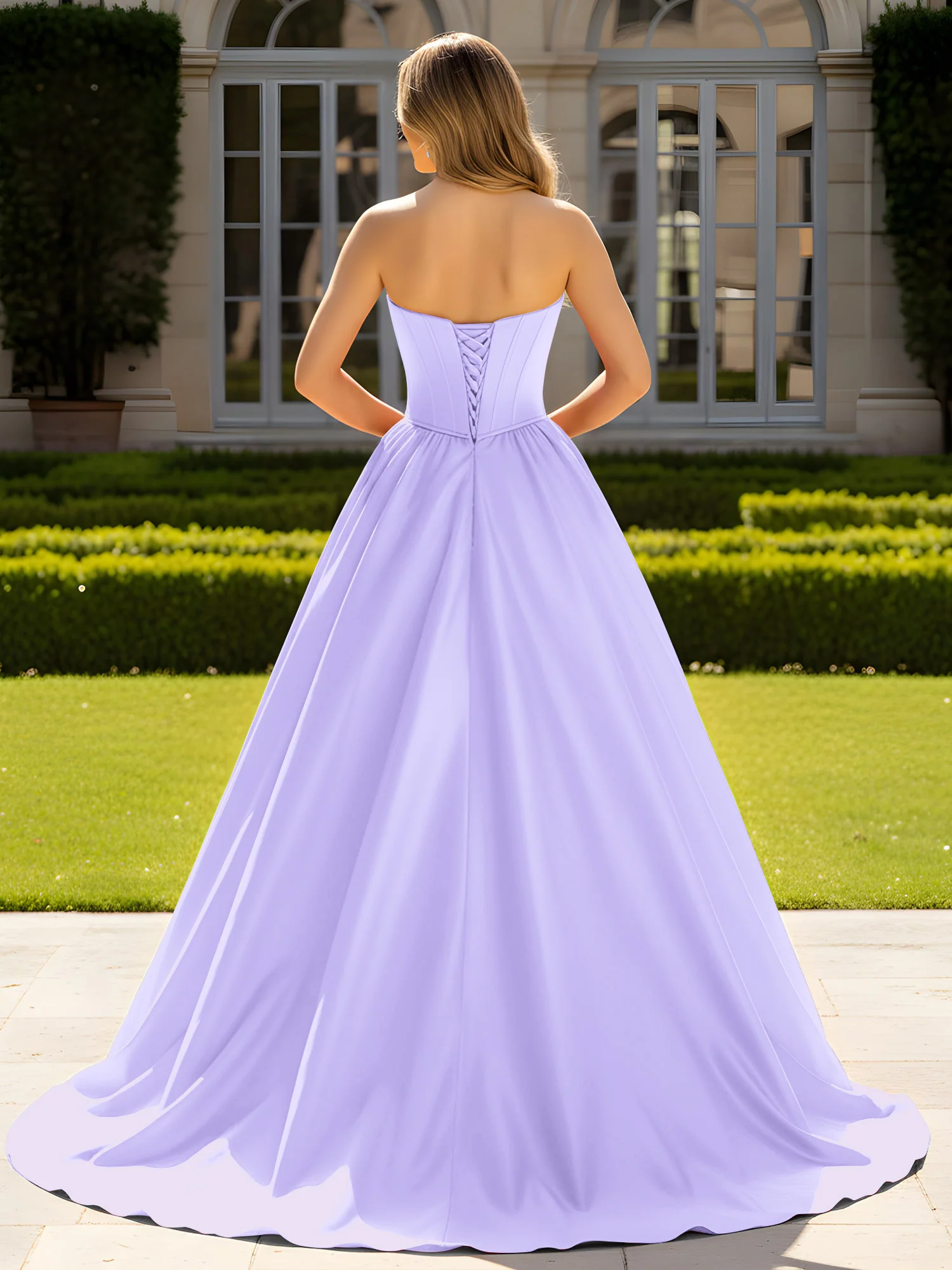 Strapless Satin Ball Gown with Crystal Bustier Detail Lilac - Image 2