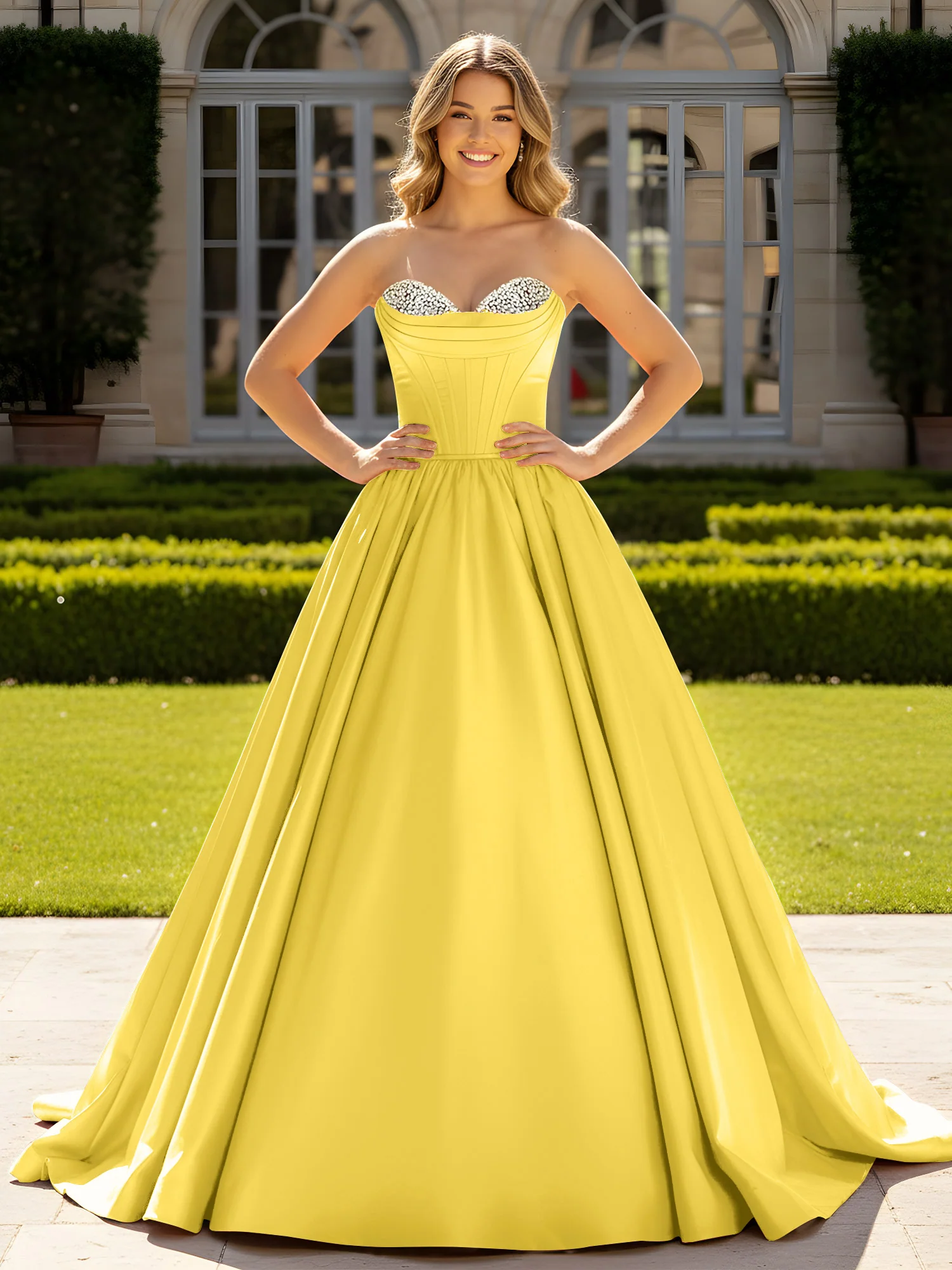Strapless Satin Ball Gown with Crystal Bustier Detail Marigold
