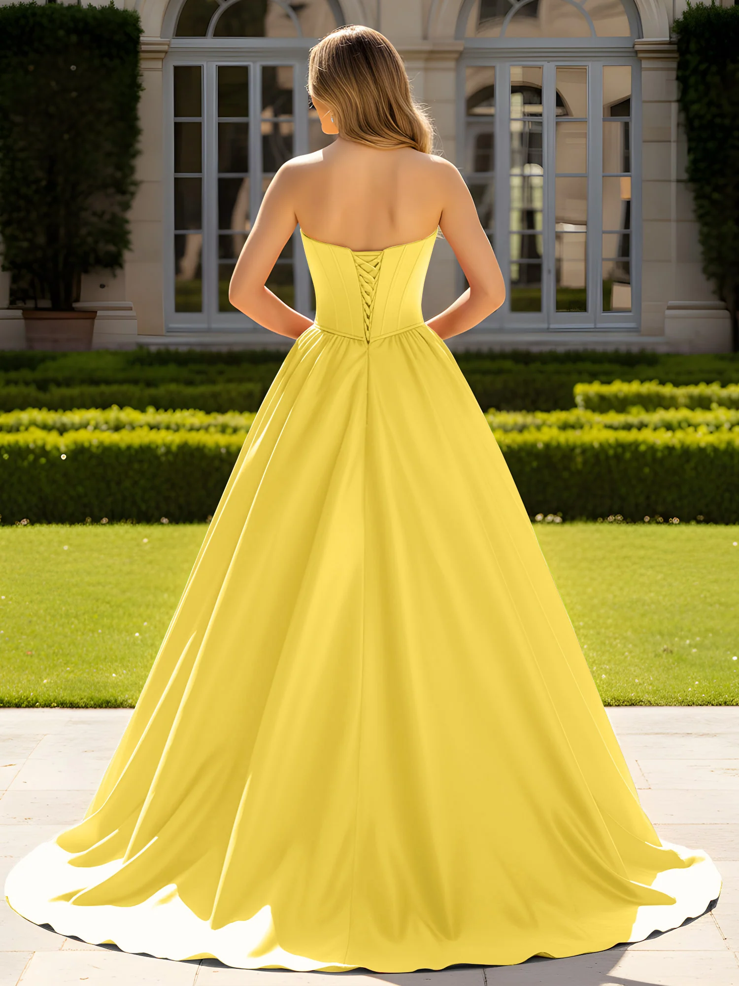 Strapless Satin Ball Gown with Crystal Bustier Detail Marigold - Image 2