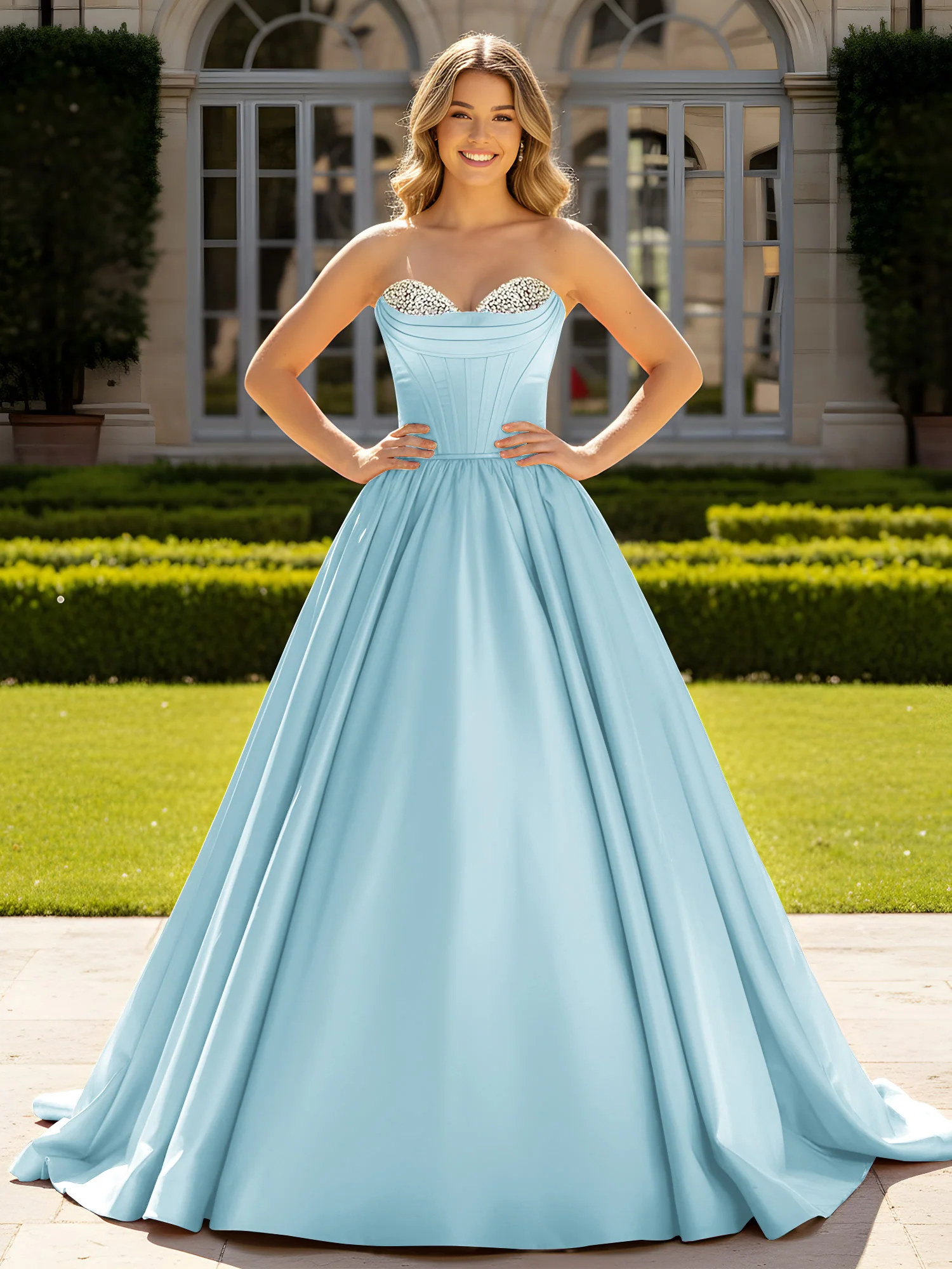 Strapless Satin Ball Gown with Crystal Bustier Detail Mist