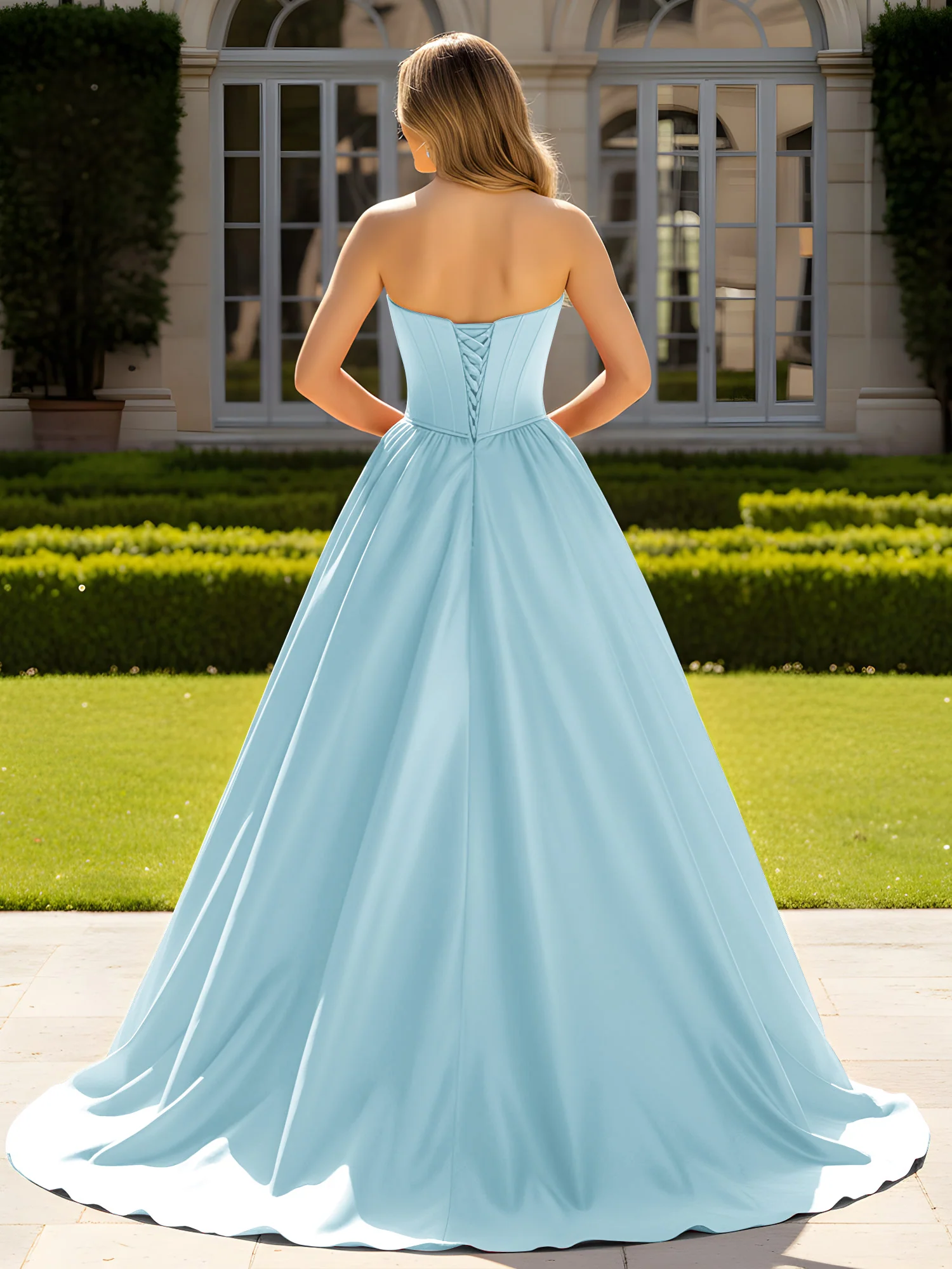 Strapless Satin Ball Gown with Crystal Bustier Detail Mist - Image 2