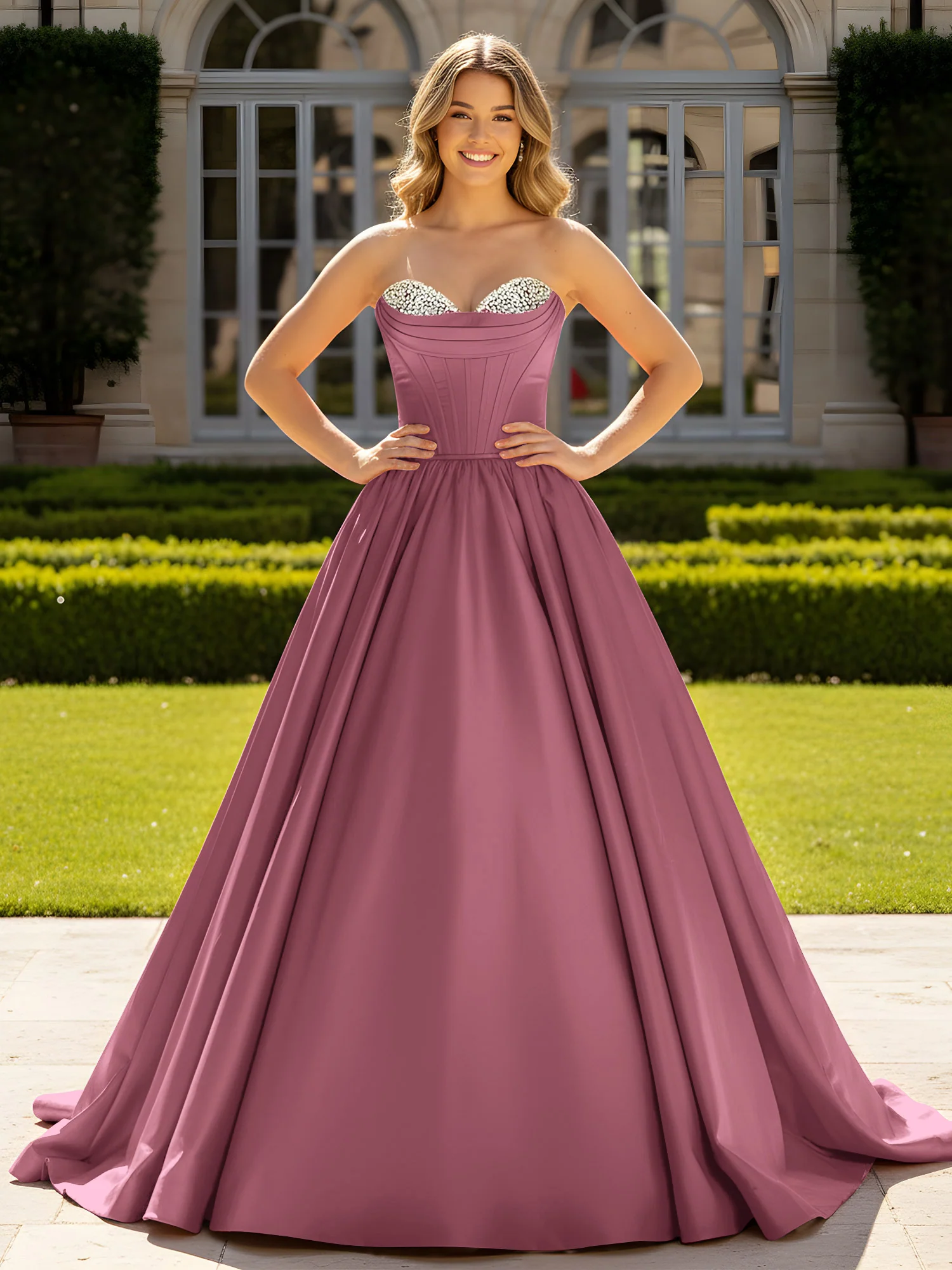 Strapless Satin Ball Gown with Crystal Bustier Detail Mulberry