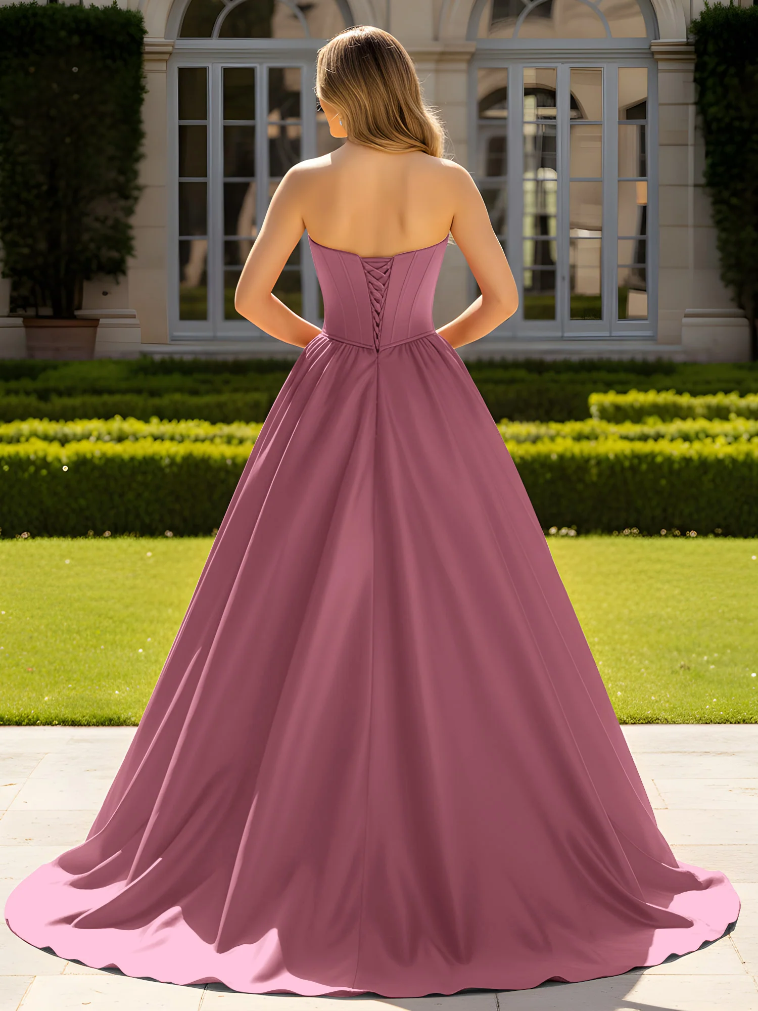 Strapless Satin Ball Gown with Crystal Bustier Detail Mulberry - Image 2