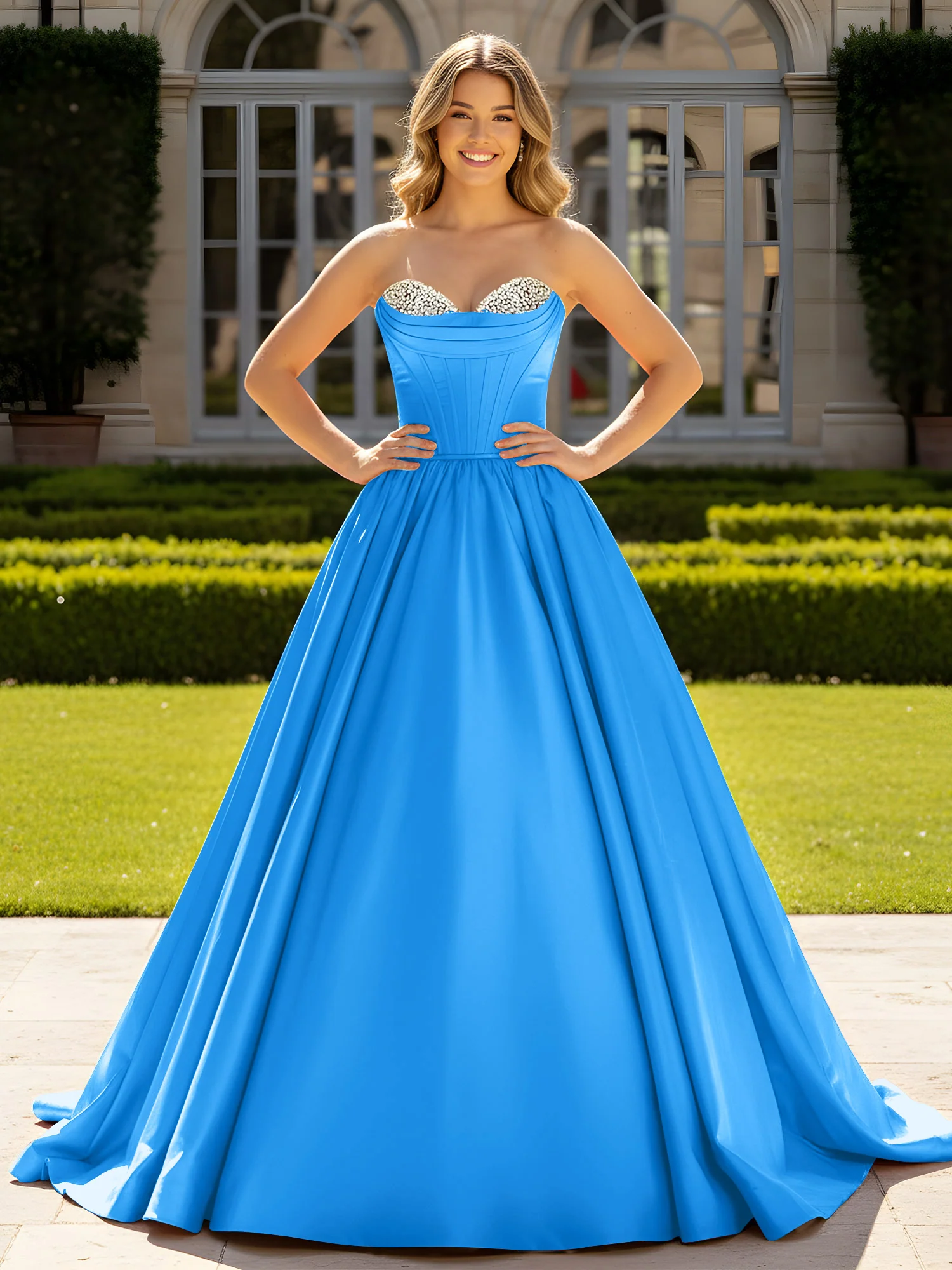 Strapless Satin Ball Gown with Crystal Bustier Detail Ocean Blue