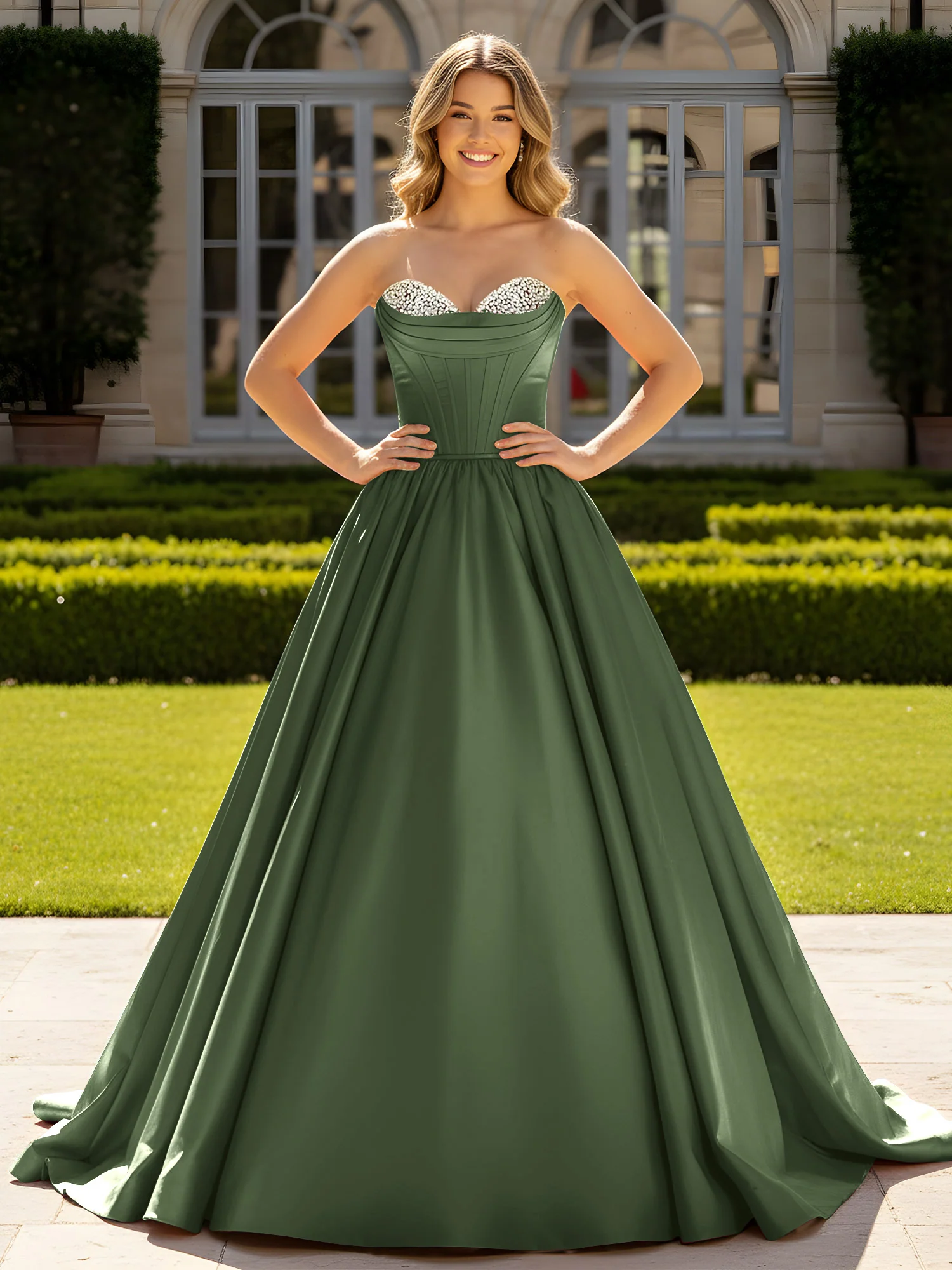 Strapless Satin Ball Gown with Crystal Bustier Detail Olive Green