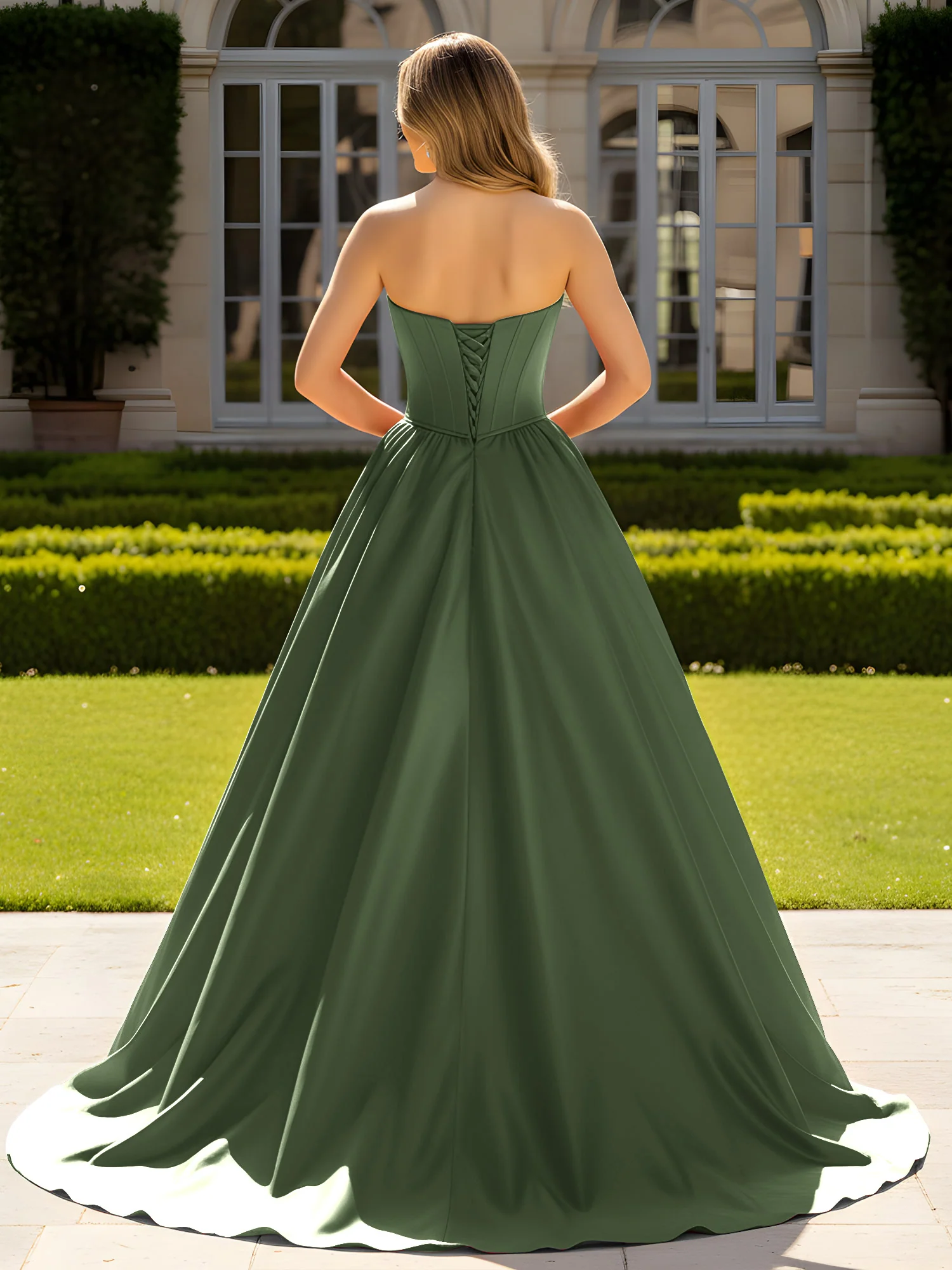 Strapless Satin Ball Gown with Crystal Bustier Detail Olive Green - Image 2