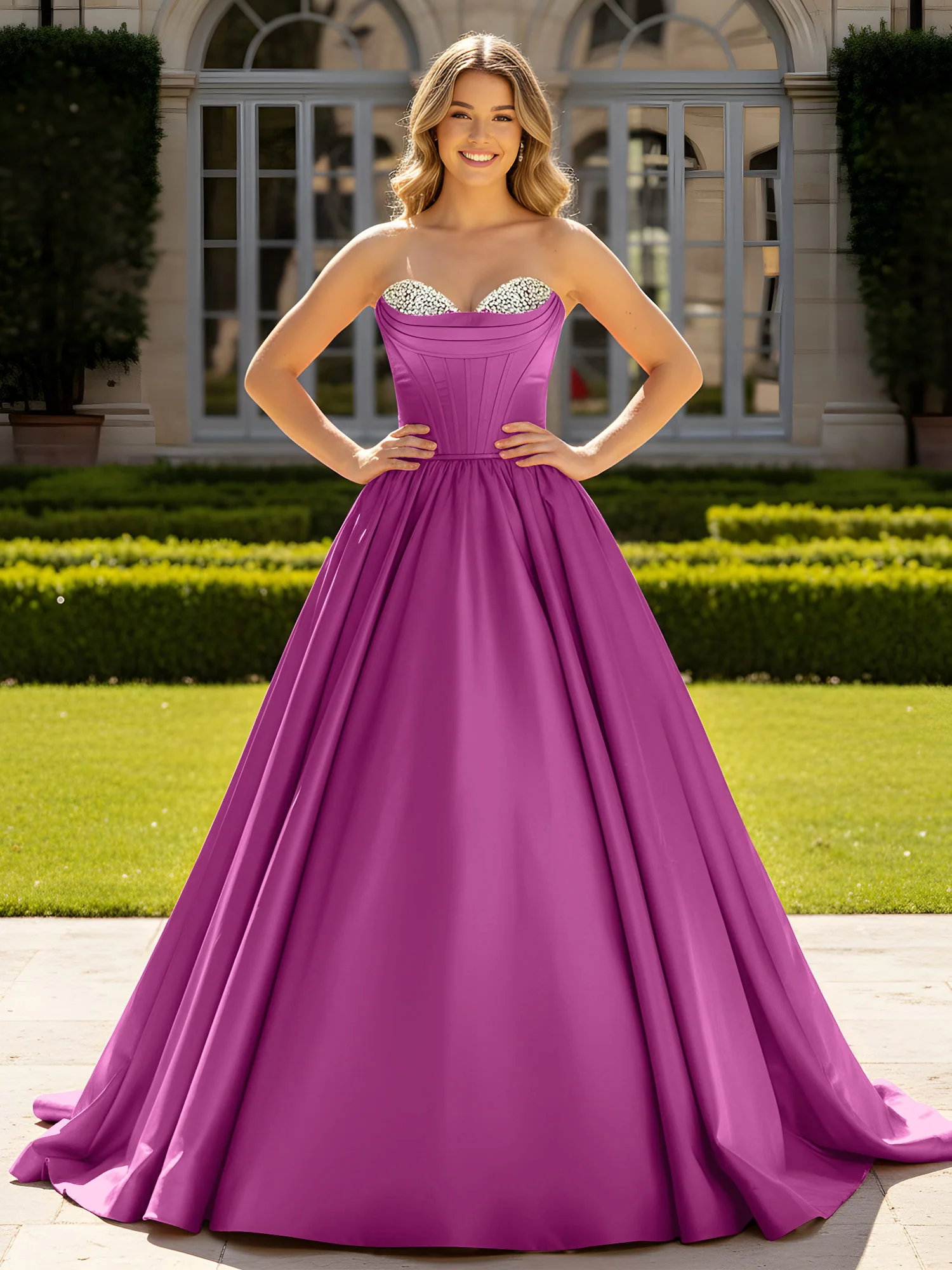 Strapless Satin Ball Gown with Crystal Bustier Detail Orchid