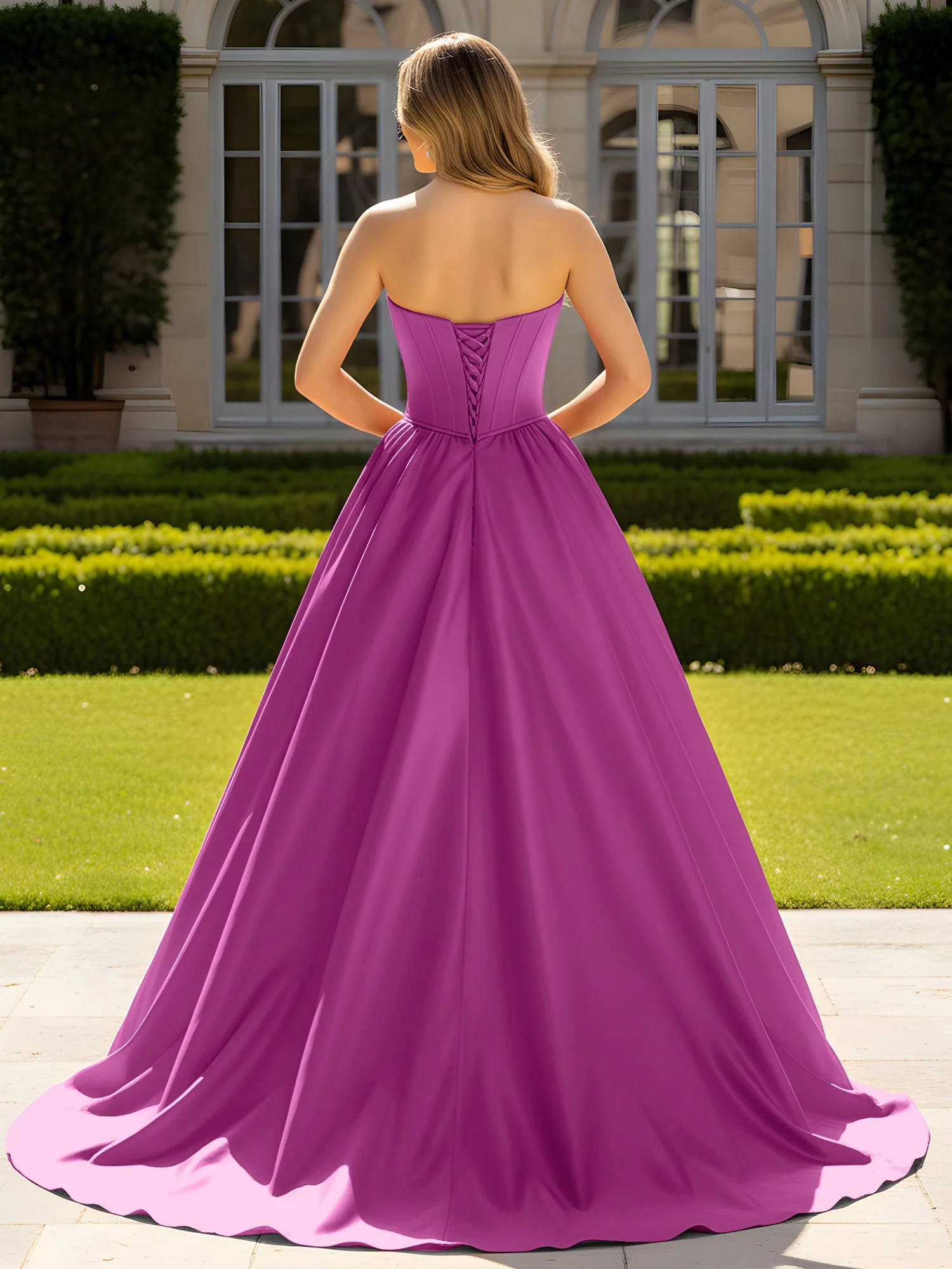 Strapless Satin Ball Gown with Crystal Bustier Detail Orchid - Image 2