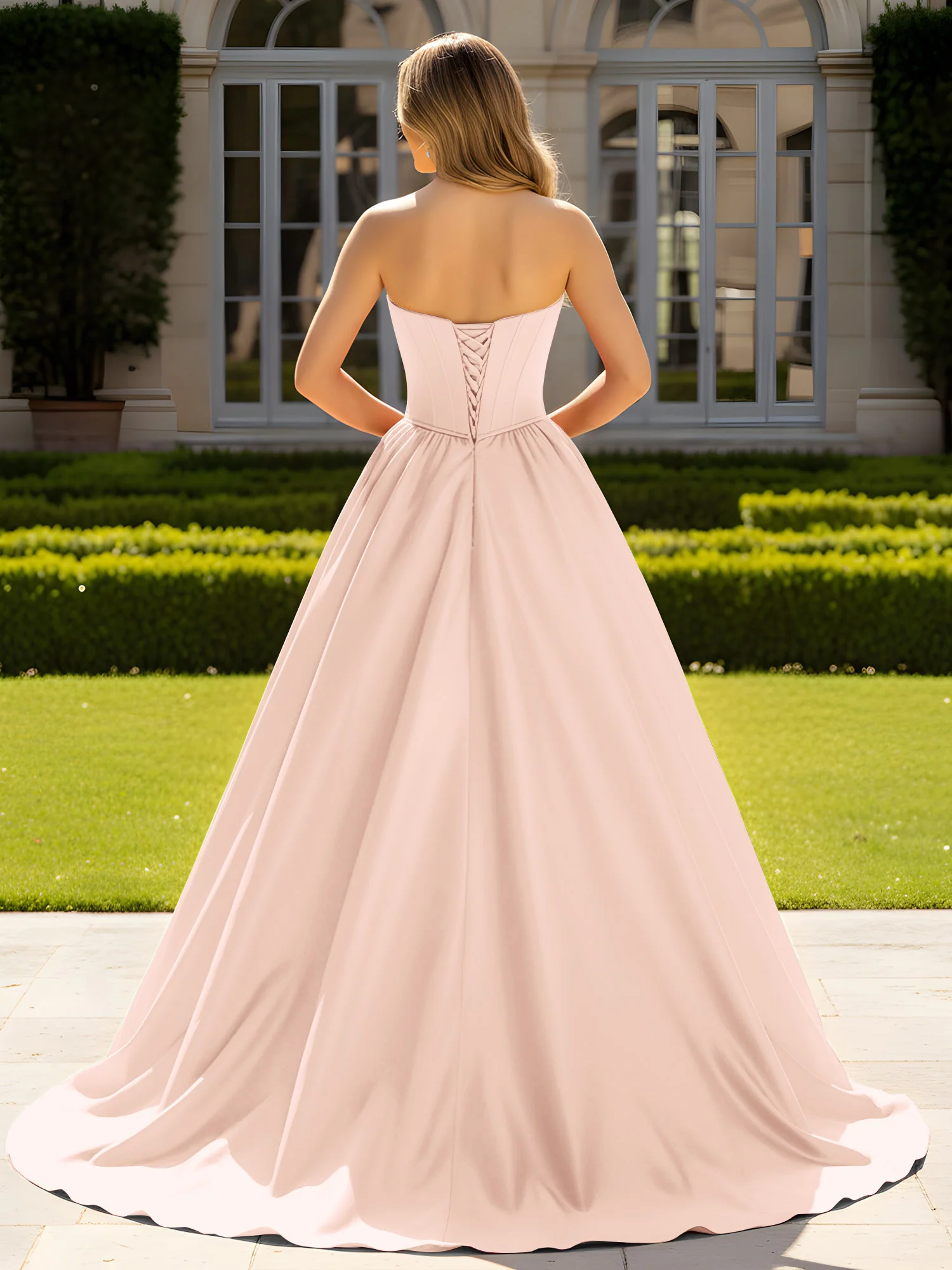 Strapless Satin Ball Gown with Crystal Bustier Detail Pearl Pink - Image 2