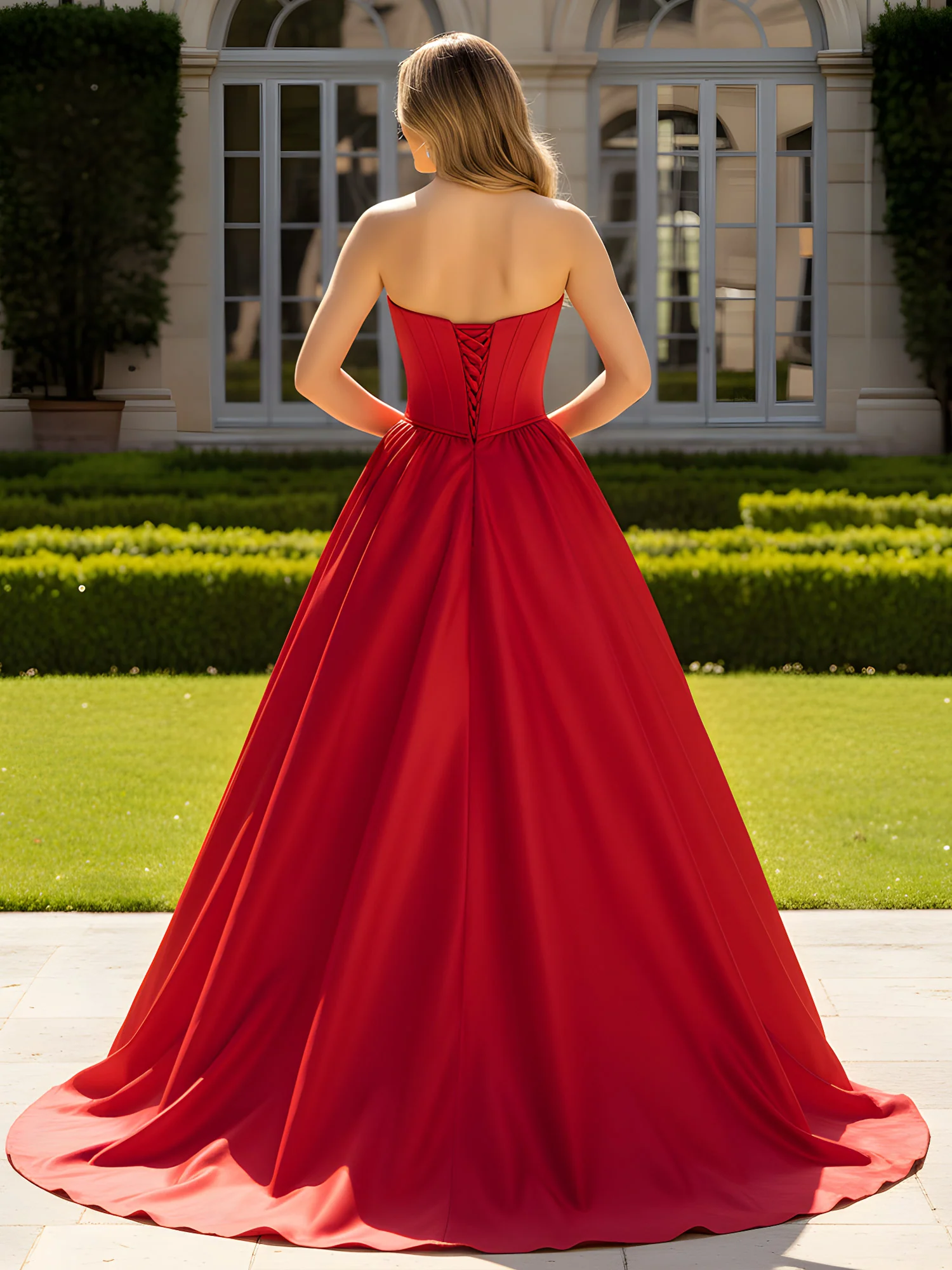 Strapless Satin Ball Gown with Crystal Bustier Detail Red - Image 2
