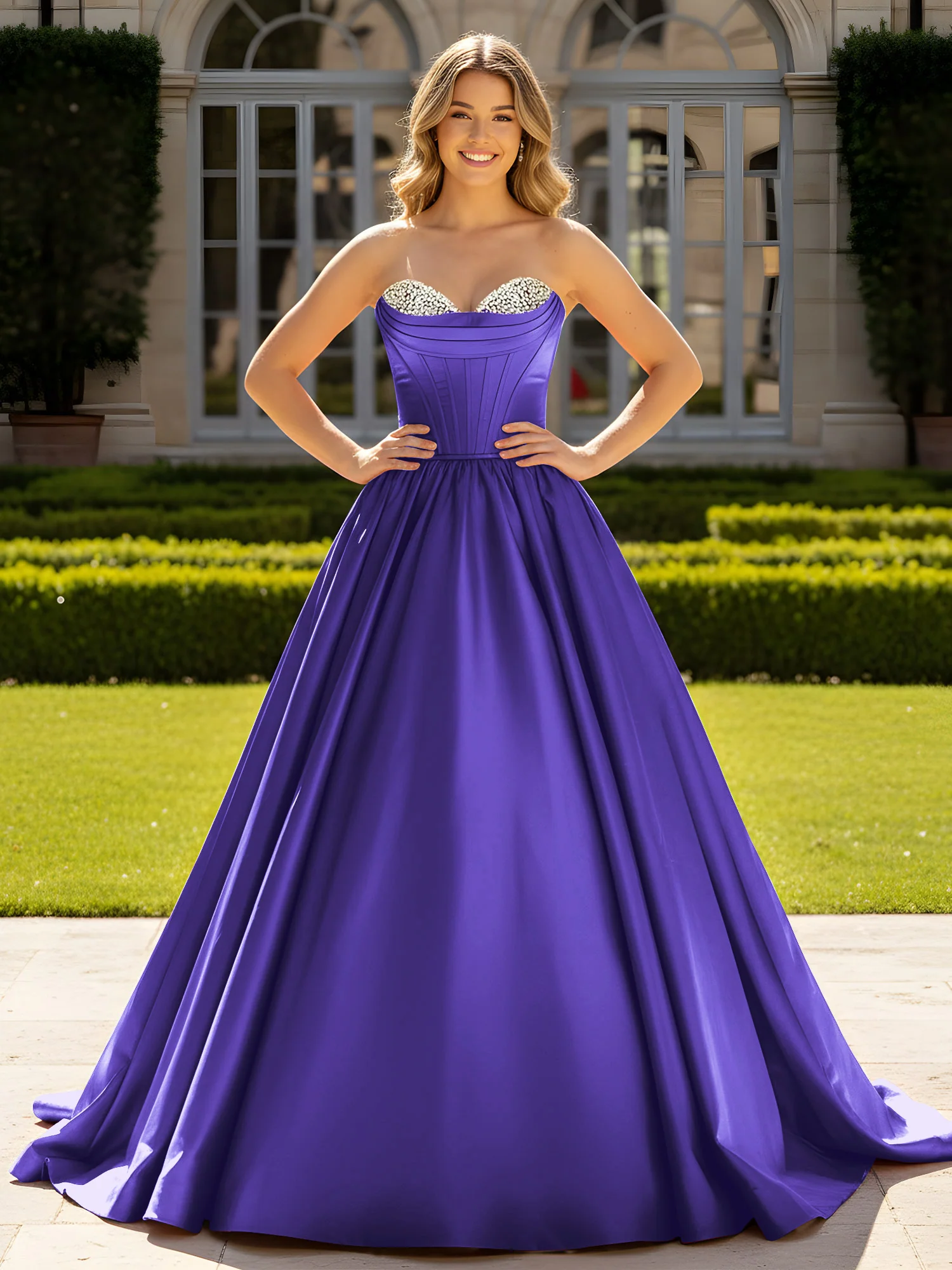 Strapless Satin Ball Gown with Crystal Bustier Detail Regency