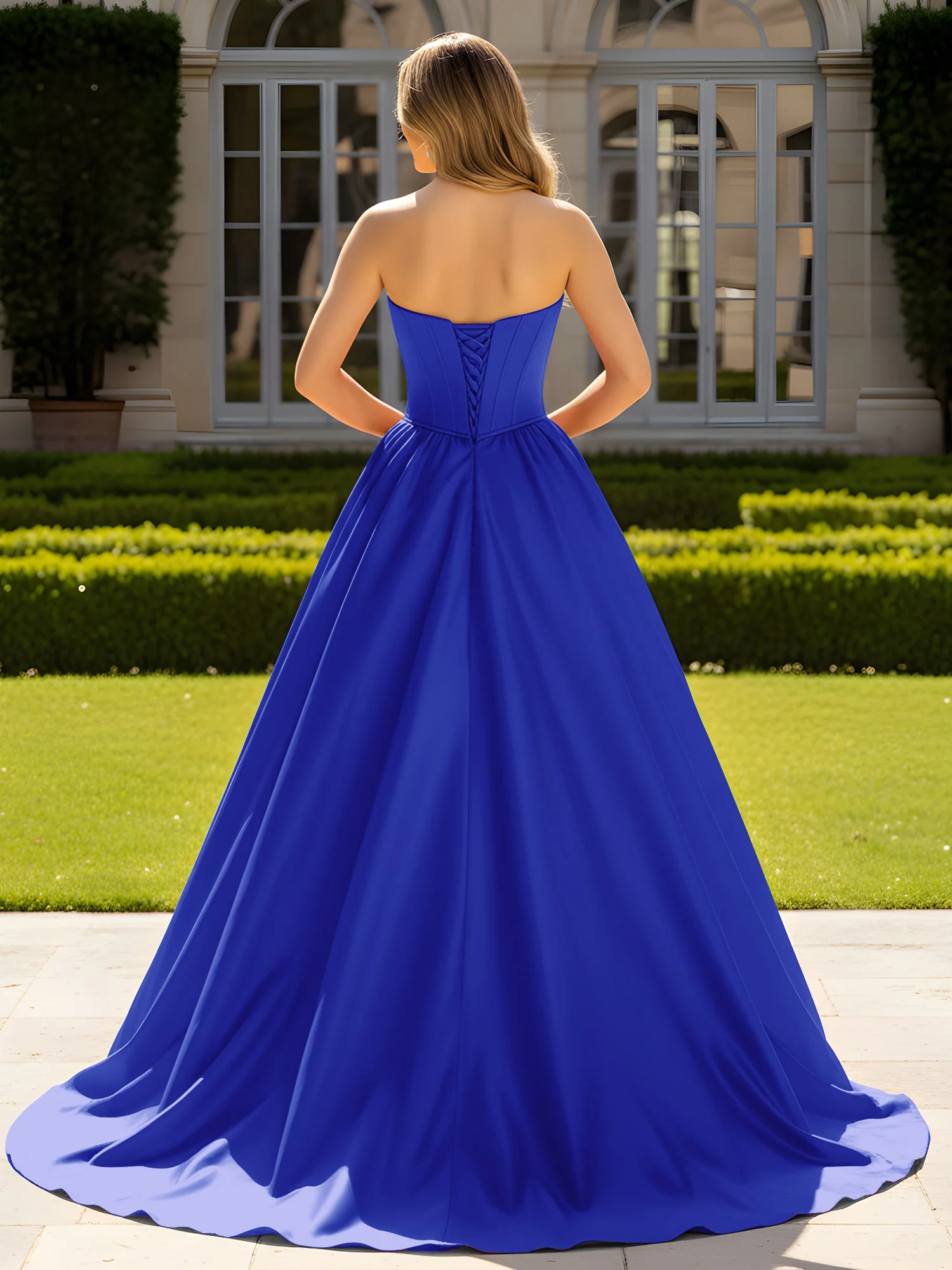 Strapless Satin Ball Gown with Crystal Bustier Detail Royal Blue - Image 2