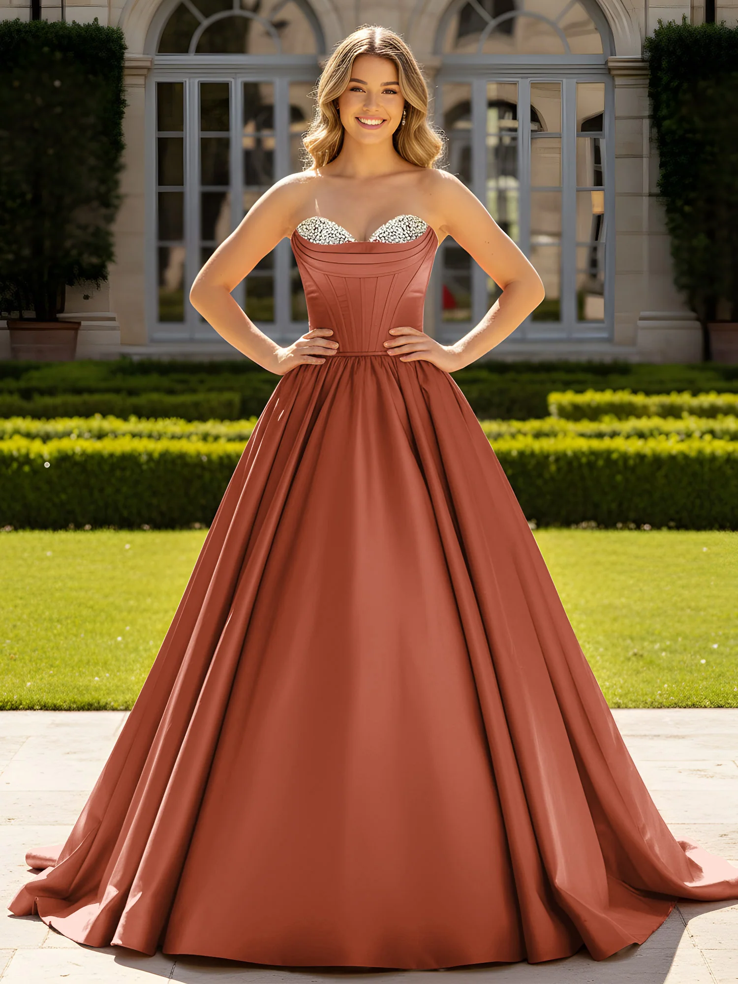Strapless Satin Ball Gown with Crystal Bustier Detail Rust