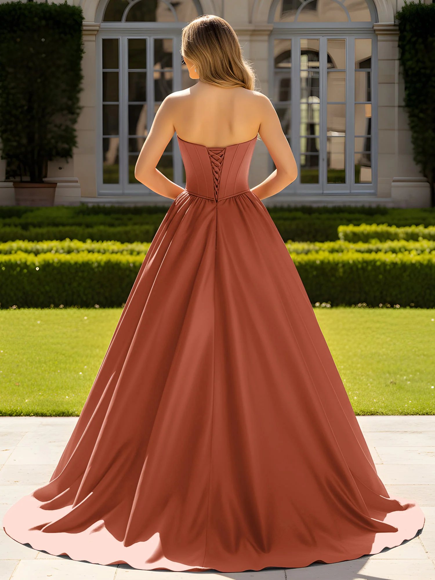 Strapless Satin Ball Gown with Crystal Bustier Detail Rust - Image 2