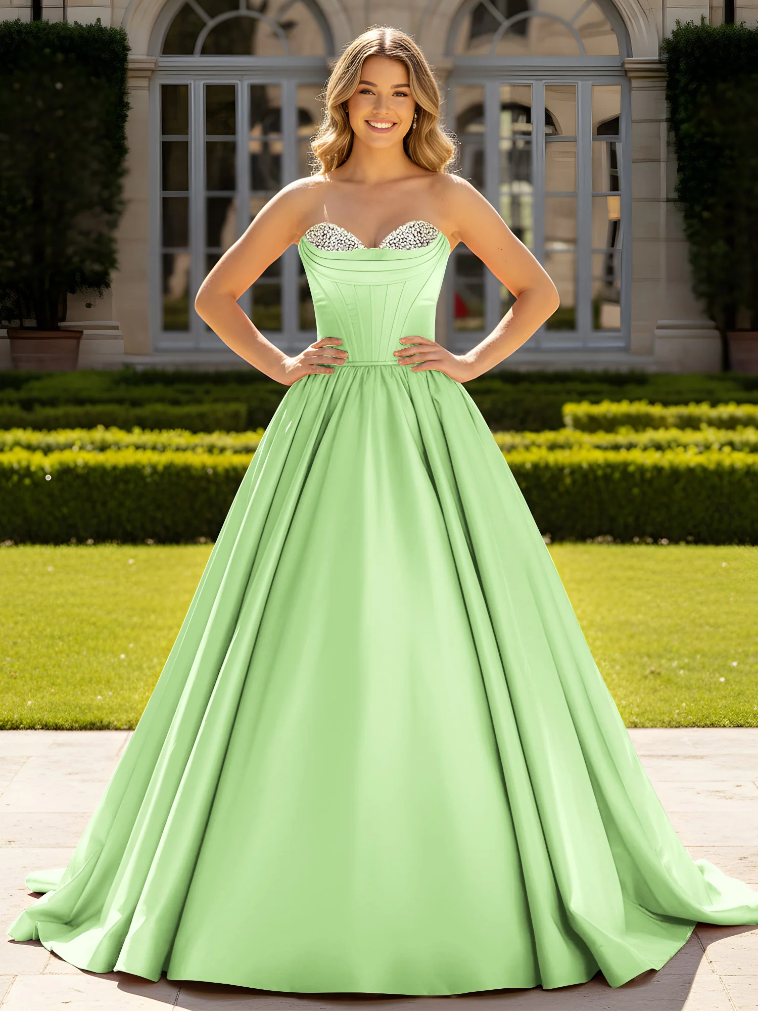 Strapless Satin Ball Gown with Crystal Bustier Detail Sage
