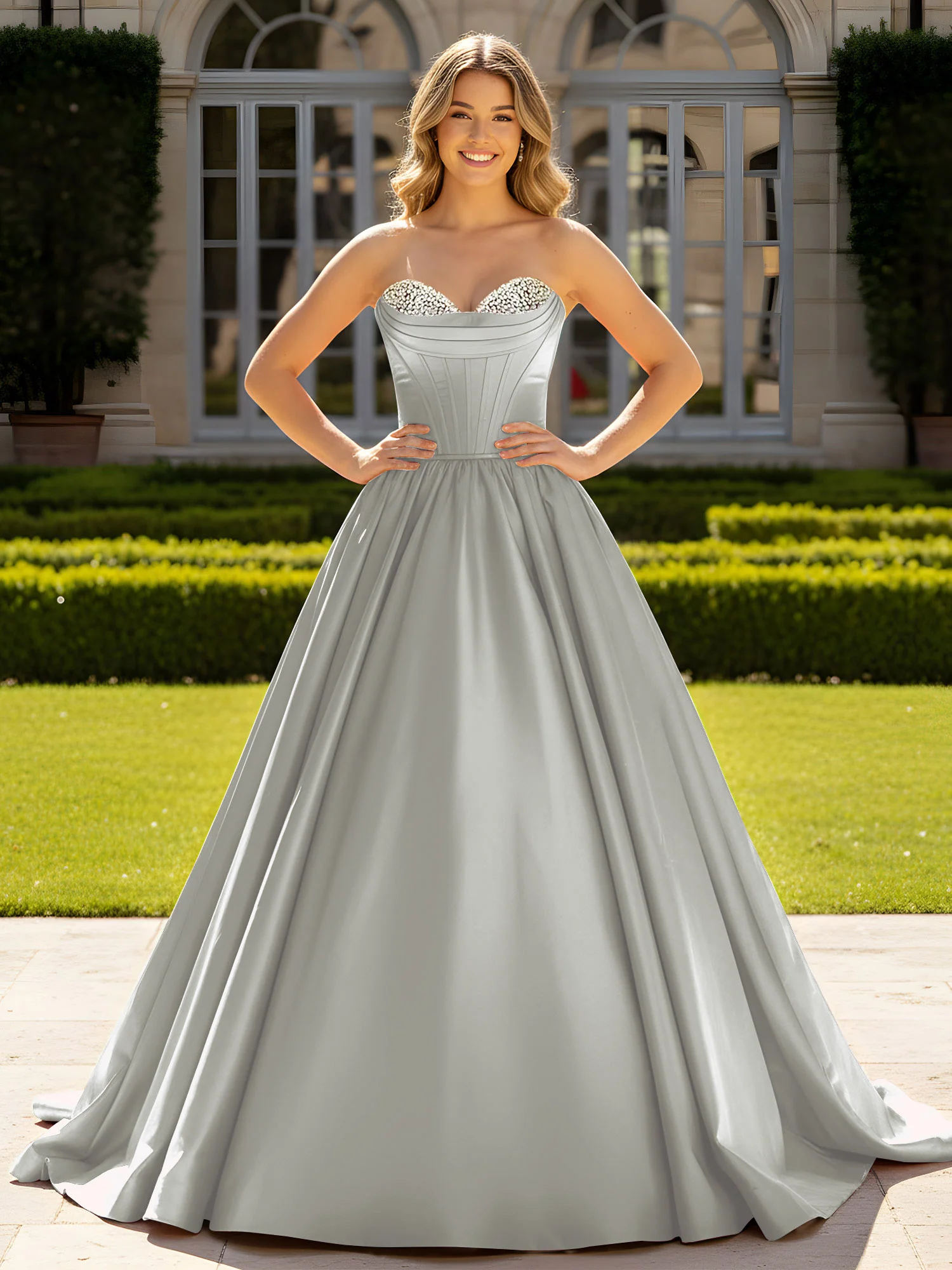 Strapless Satin Ball Gown with Crystal Bustier Detail Silver