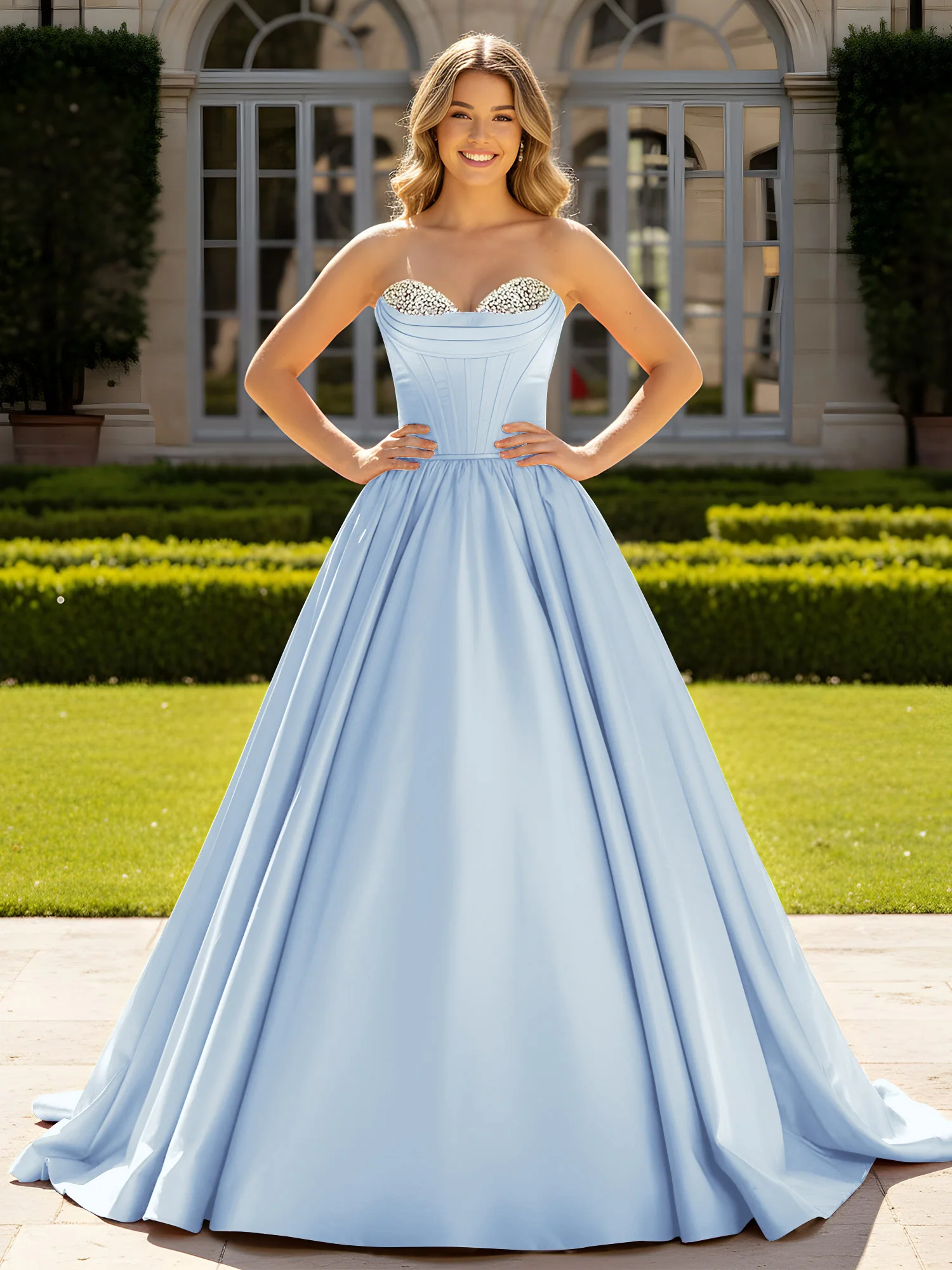 Strapless Satin Ball Gown with Crystal Bustier Detail Sky Blue