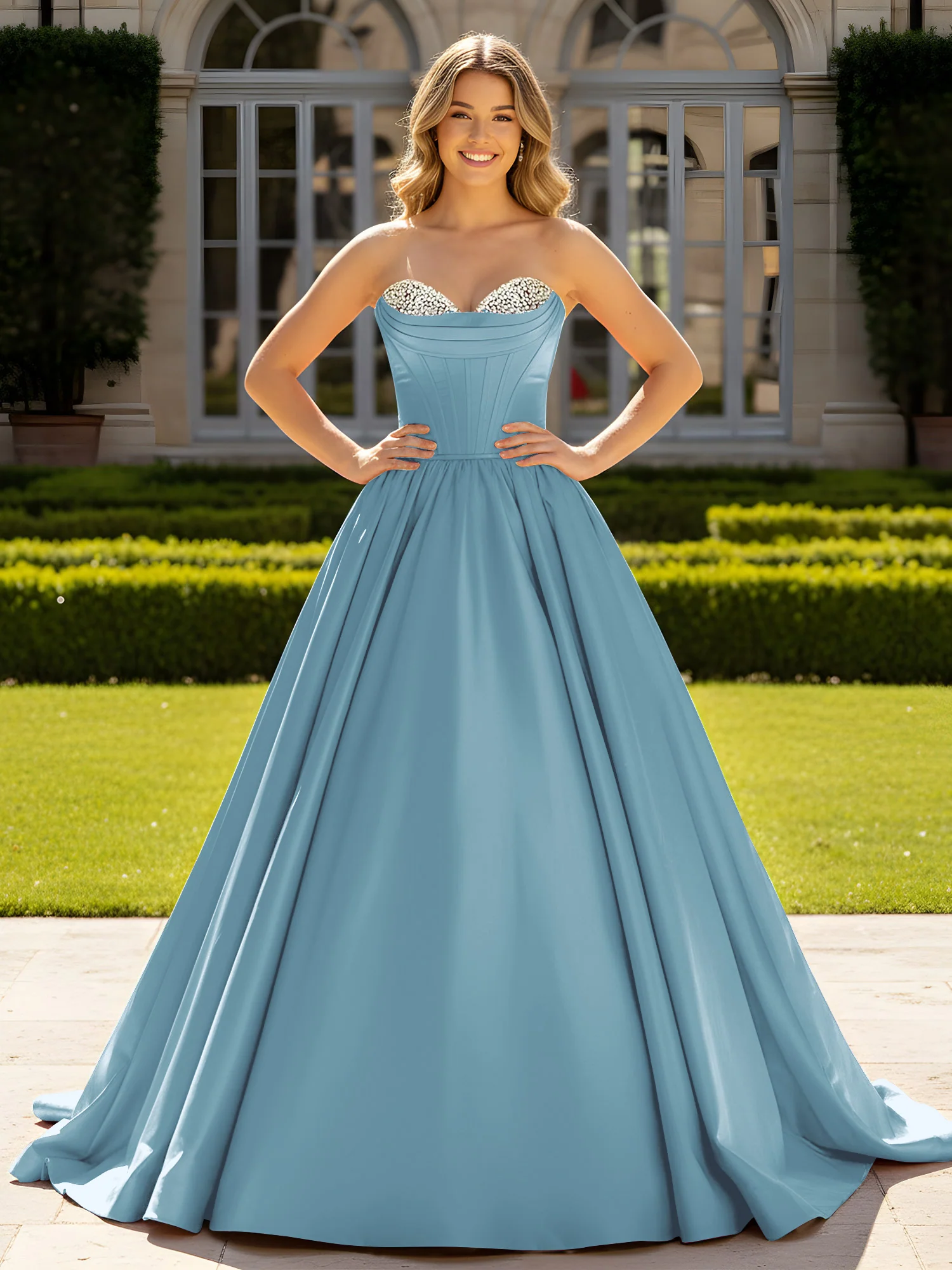 Strapless Satin Ball Gown with Crystal Bustier Detail Slate Blue