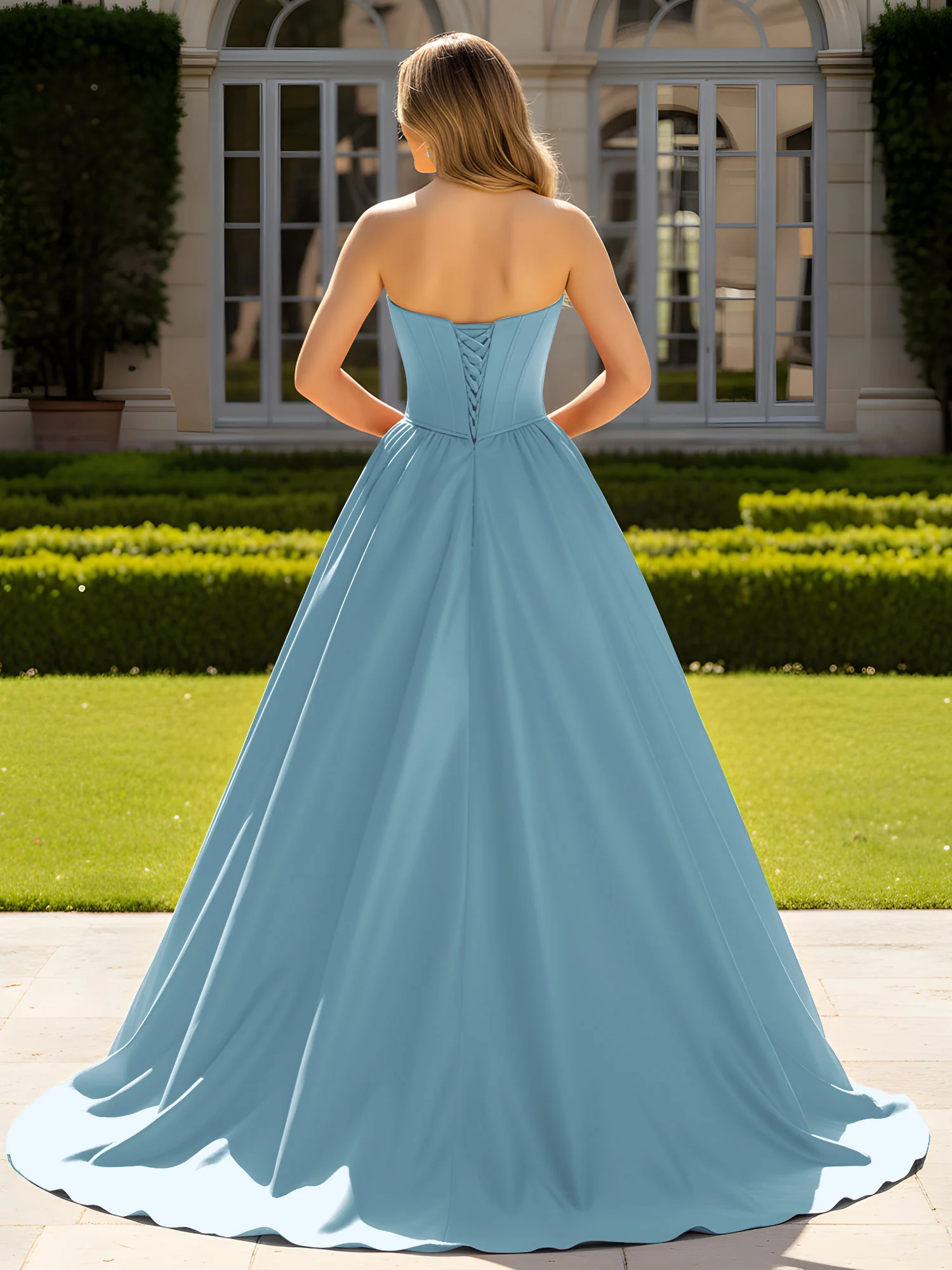Strapless Satin Ball Gown with Crystal Bustier Detail Slate Blue - Image 2