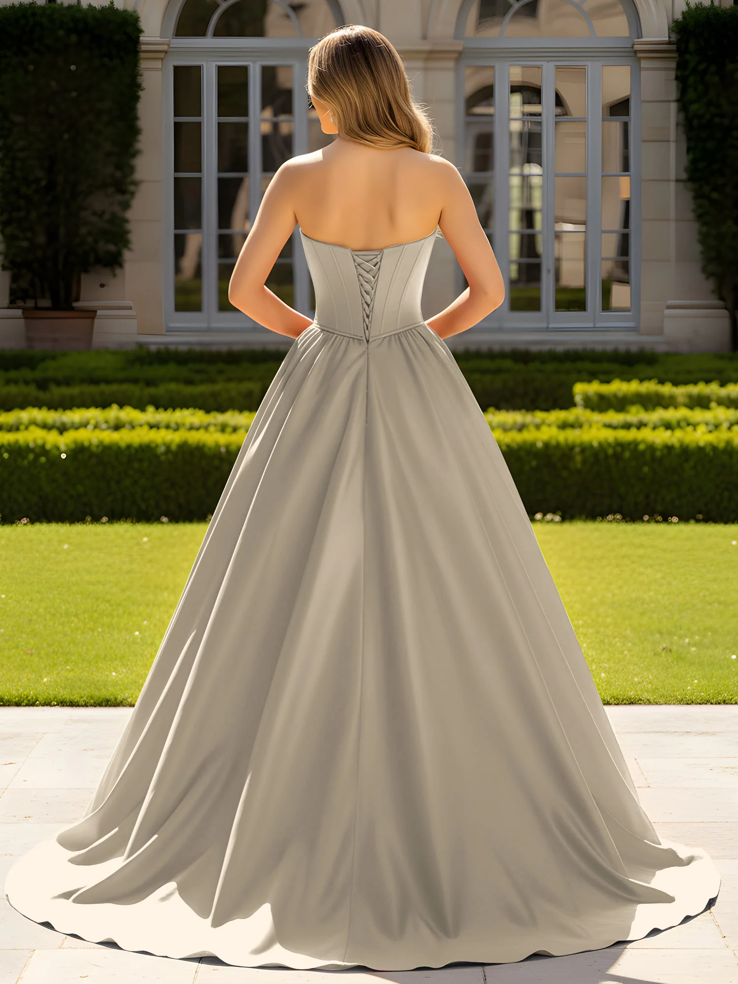 Strapless Satin Ball Gown with Crystal Bustier Detail Taupe - Image 2