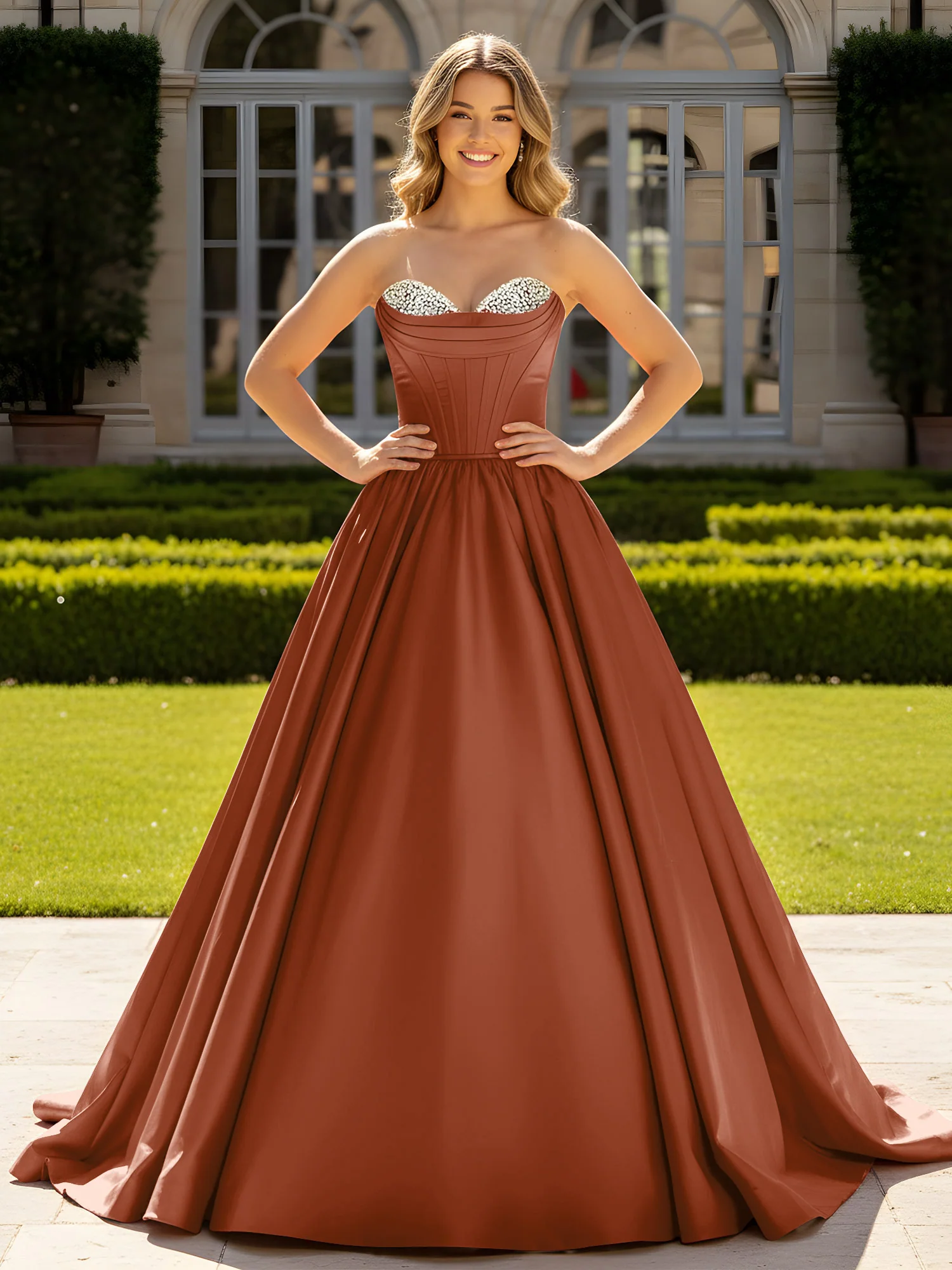 Strapless Satin Ball Gown with Crystal Bustier Detail Terracotta