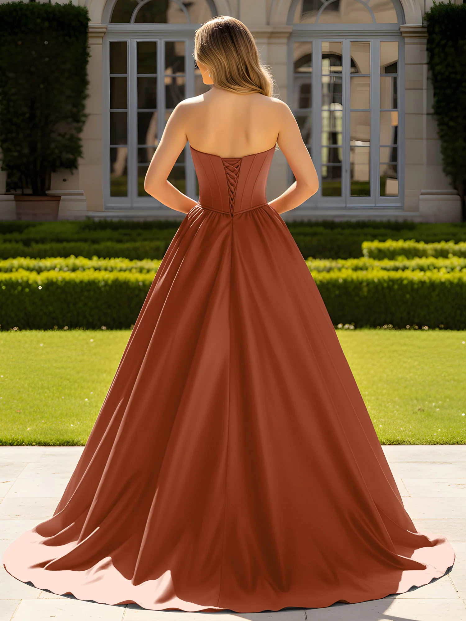 Strapless Satin Ball Gown with Crystal Bustier Detail Terracotta - Image 2