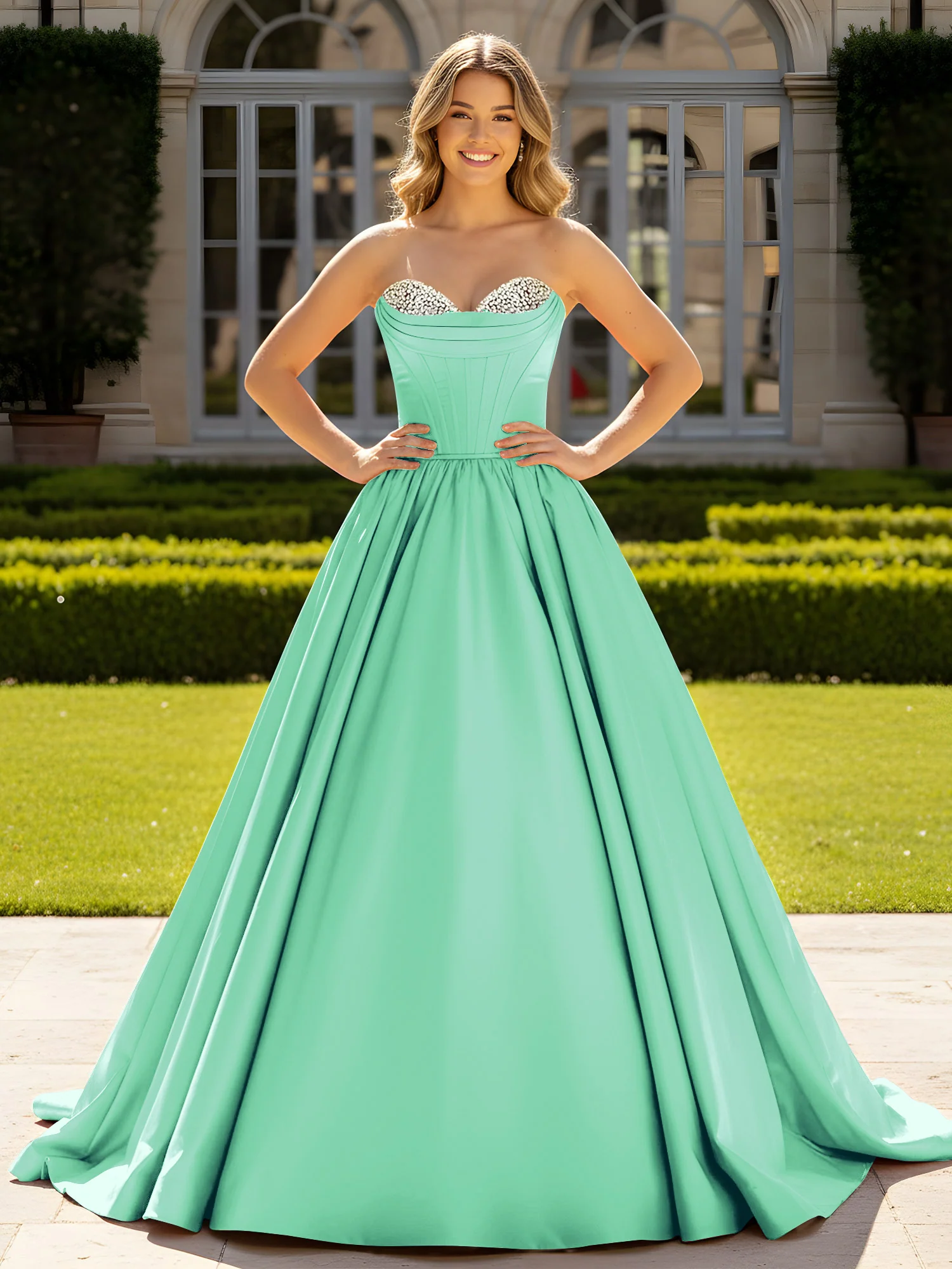 Strapless Satin Ball Gown with Crystal Bustier Detail Turquoise