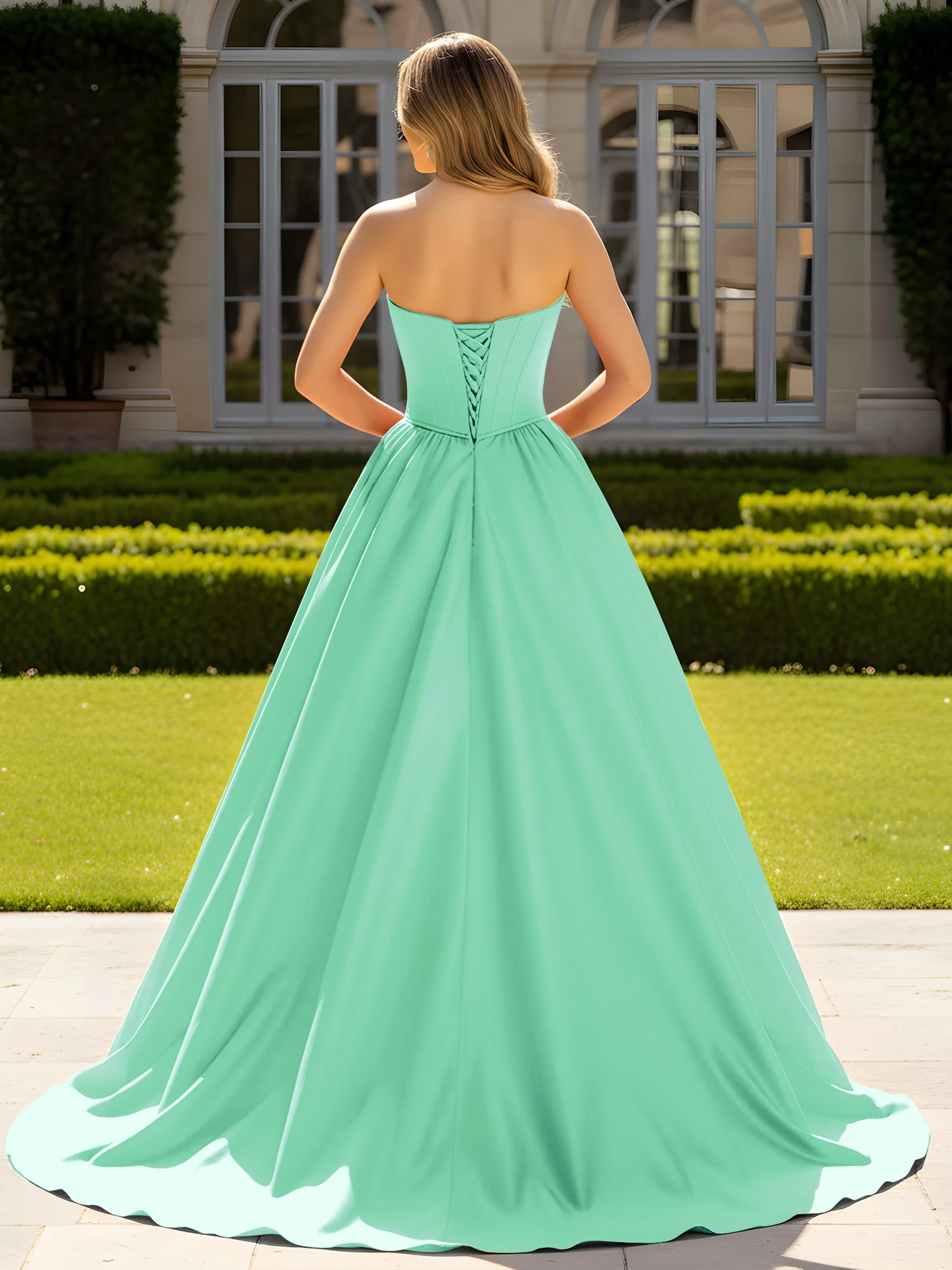 Strapless Satin Ball Gown with Crystal Bustier Detail Turquoise - Image 2