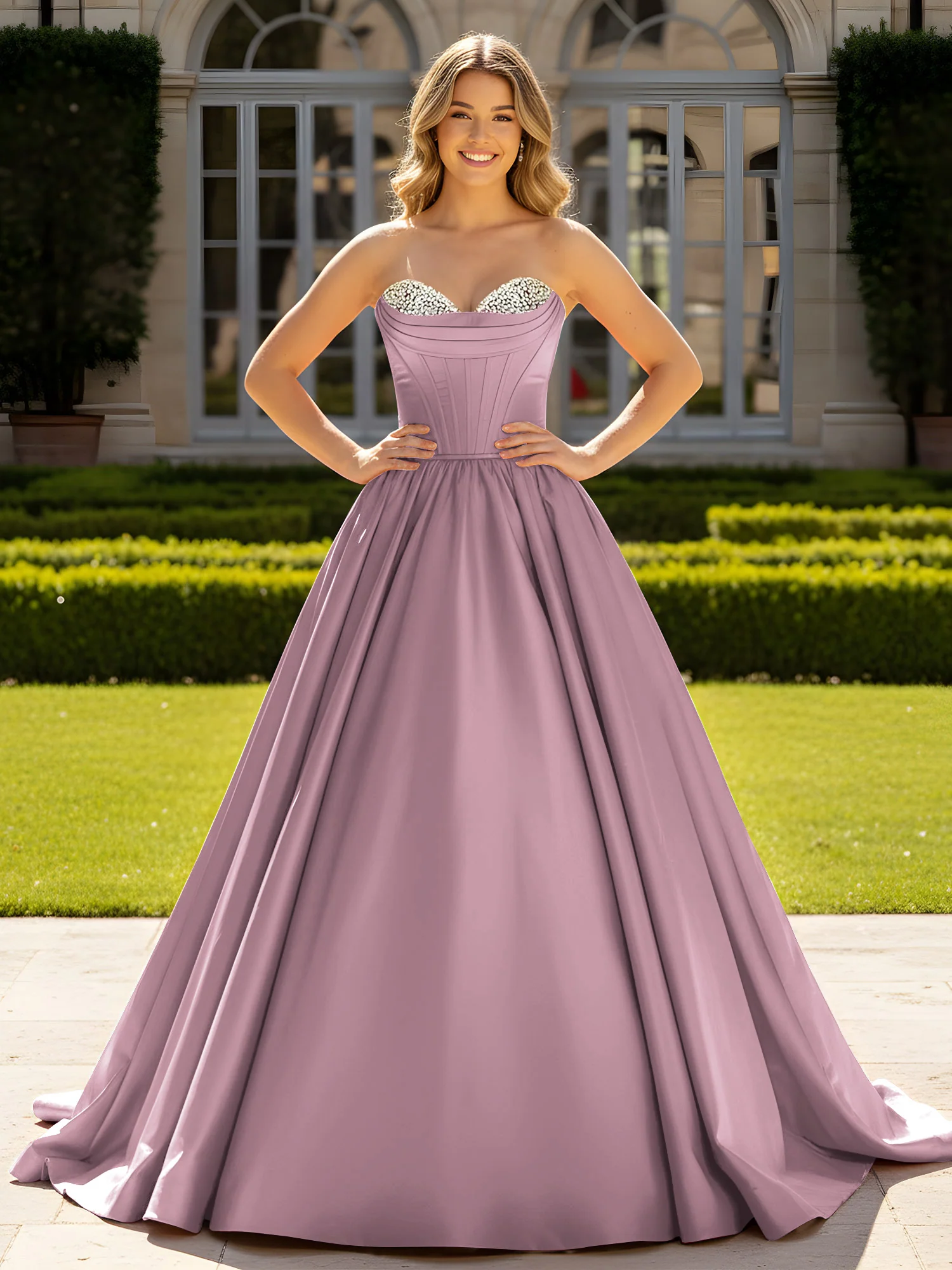 Strapless Satin Ball Gown with Crystal Bustier Detail Vintage Mauve