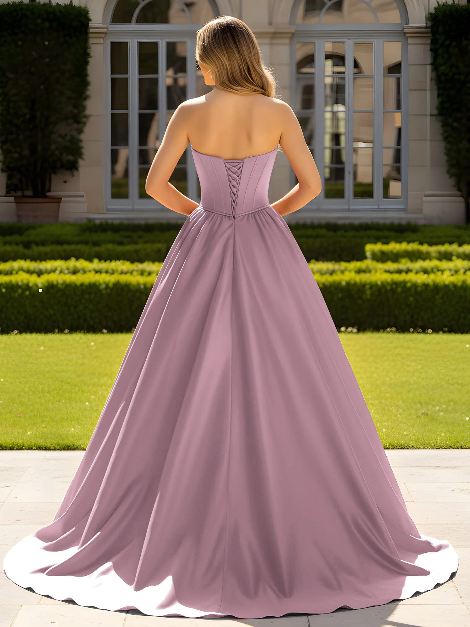 Strapless Satin Ball Gown with Crystal Bustier Detail Vintage Mauve - Image 2