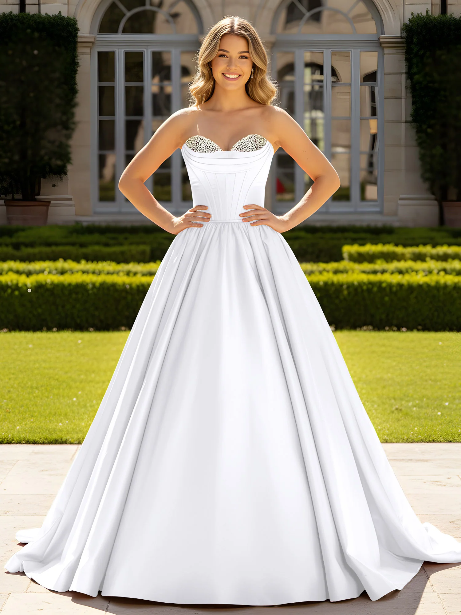 Strapless Satin Ball Gown with Crystal Bustier Detail White