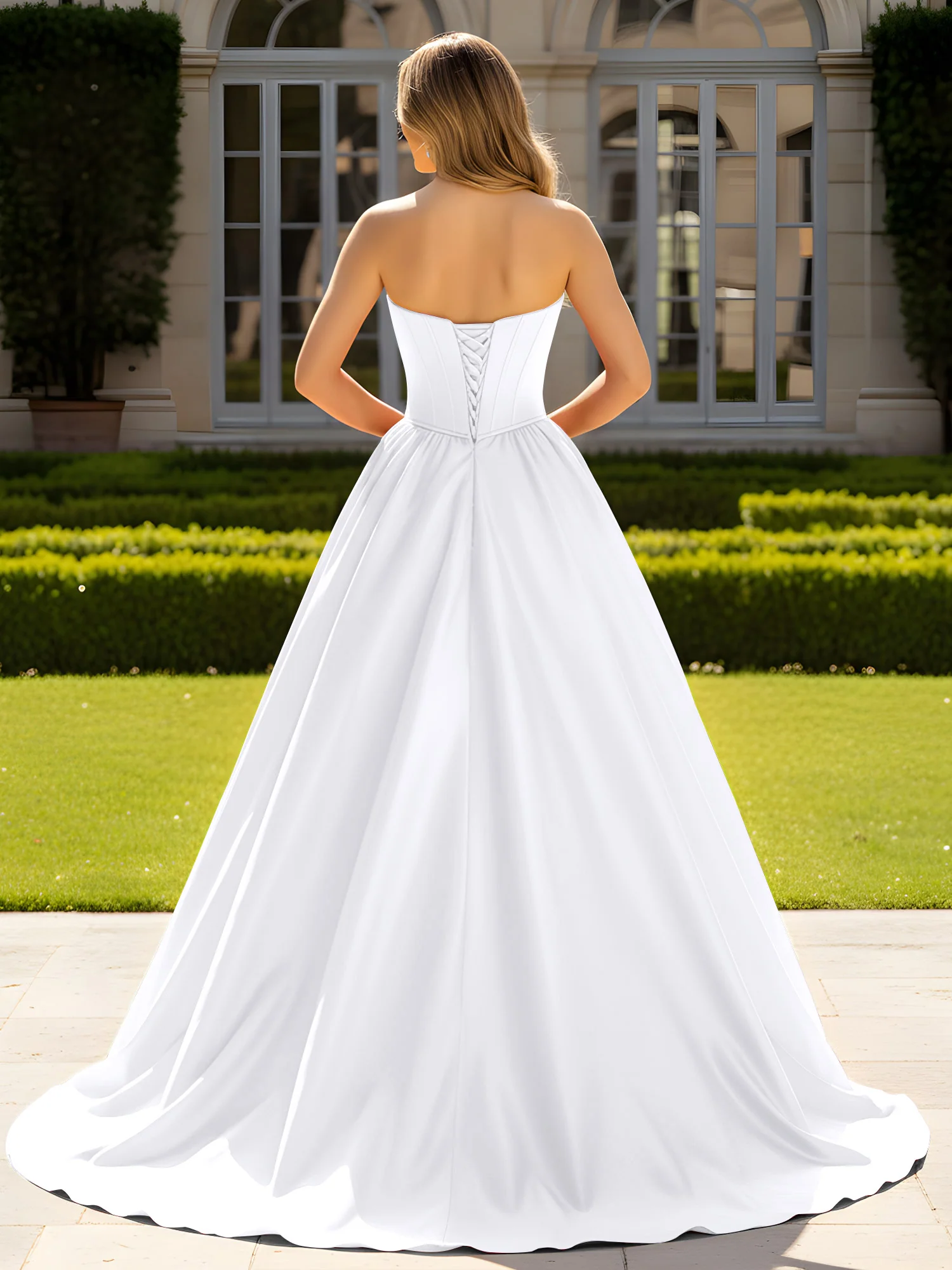Strapless Satin Ball Gown with Crystal Bustier Detail White - Image 2